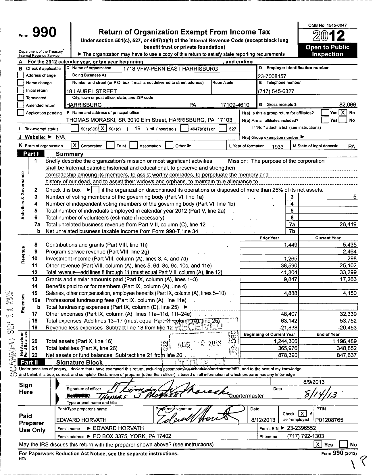 Image of first page of 2012 Form 990O for VFW Department of Pennsylvania - 1718 Vfw-Penn East Harrisburg