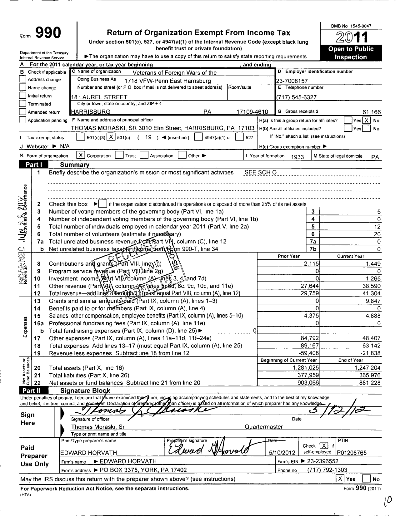 Image of first page of 2011 Form 990O for VFW Department of Pennsylvania - 1718 Vfw-Penn East Harrisburg