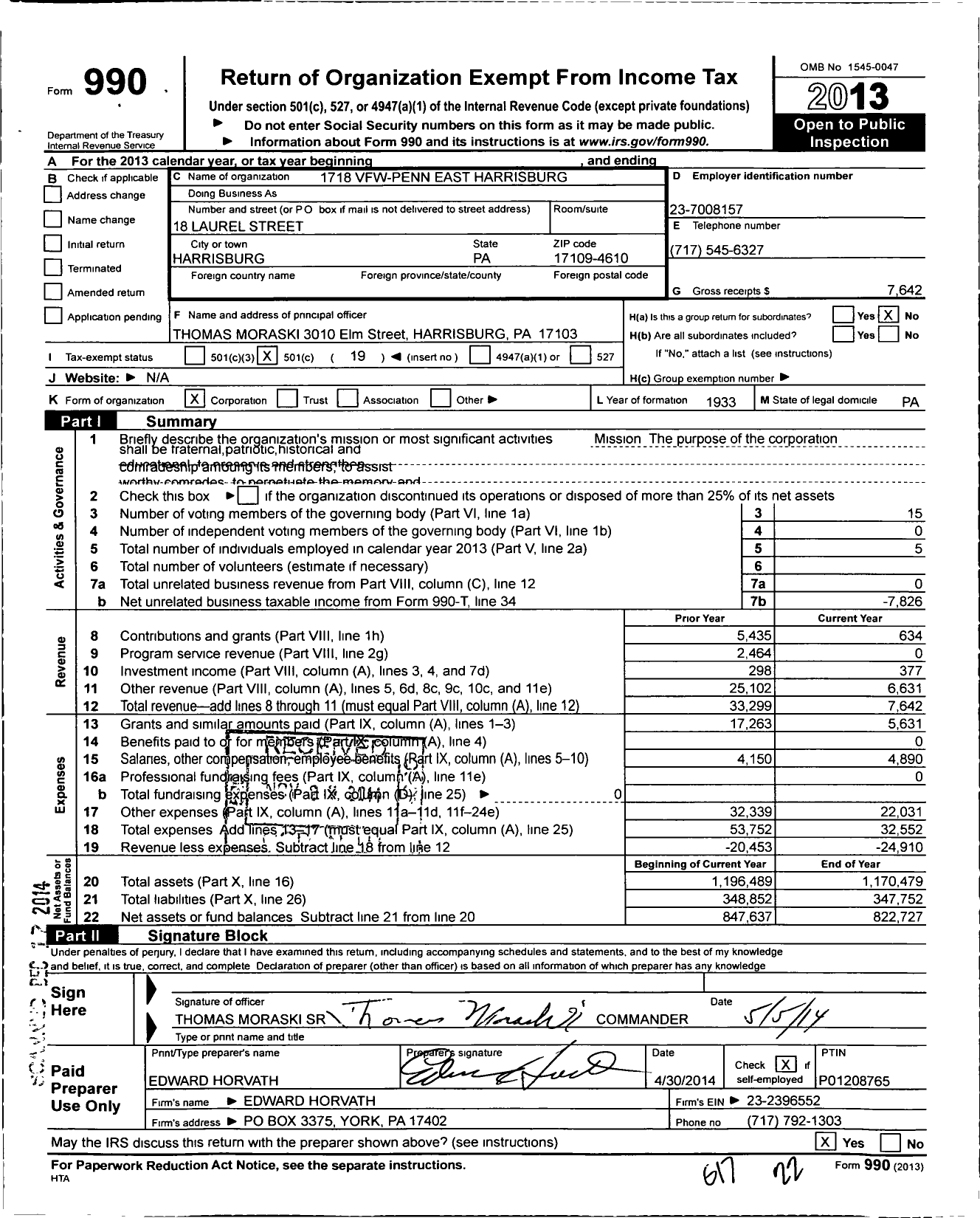 Image of first page of 2013 Form 990O for VFW Department of Pennsylvania - 1718 Vfw-Penn East Harrisburg