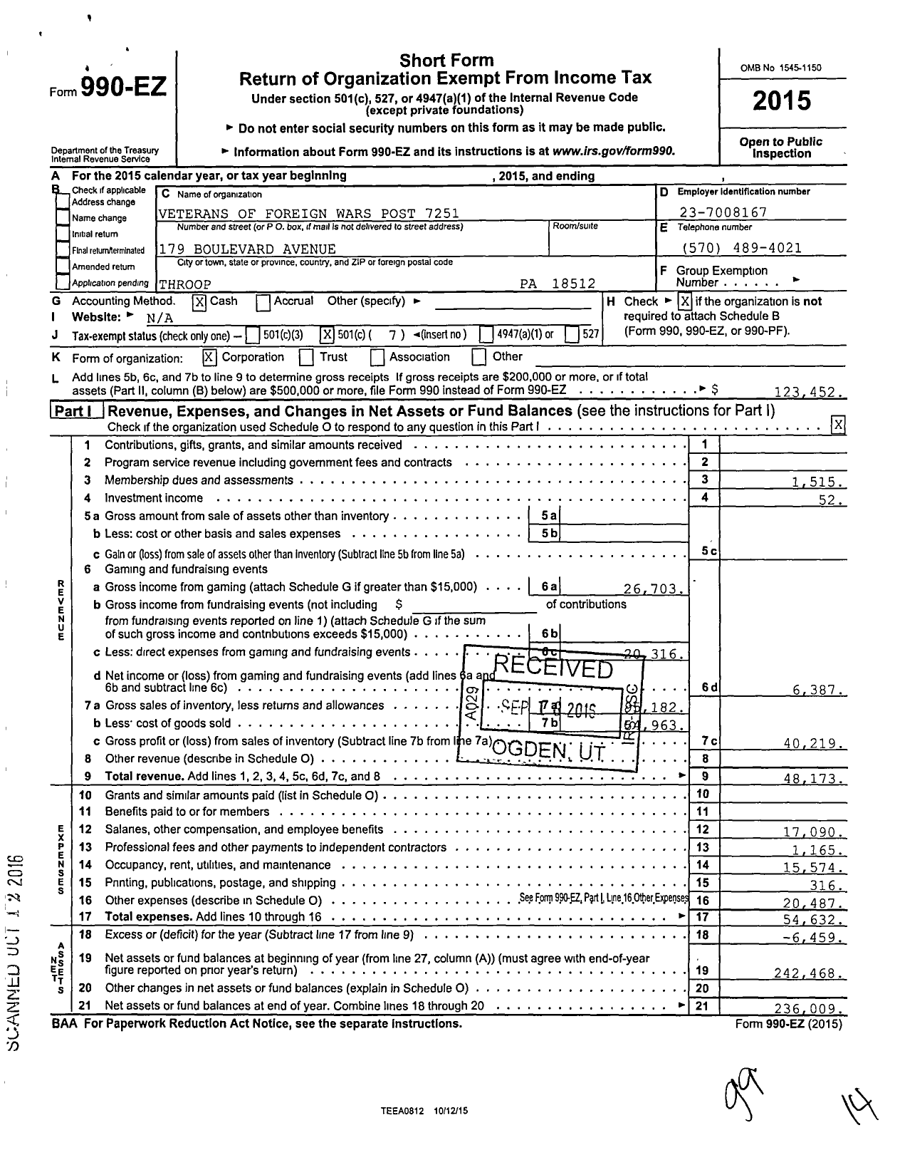 Image of first page of 2015 Form 990EO for VFW Department of Pennsylvania - 7251 Vfw-Penn Boulevard