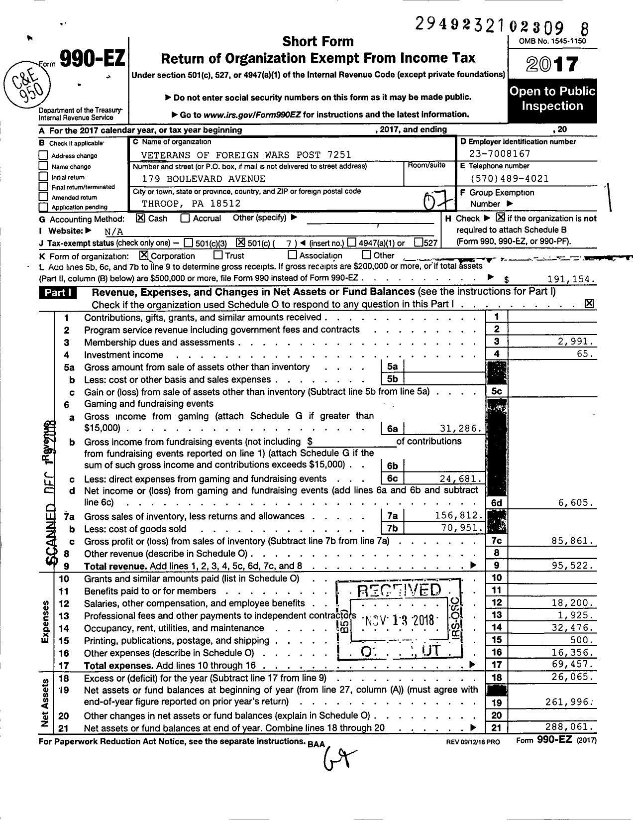 Image of first page of 2017 Form 990EO for VFW Department of Pennsylvania - 7251 Vfw-Penn Boulevard