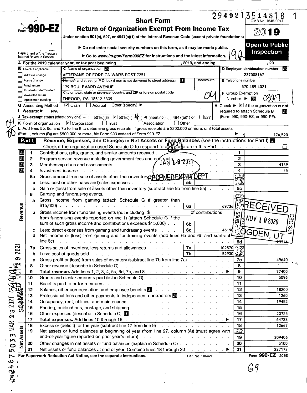 Image of first page of 2019 Form 990EO for VFW Department of Pennsylvania - 7251 Vfw-Penn Boulevard