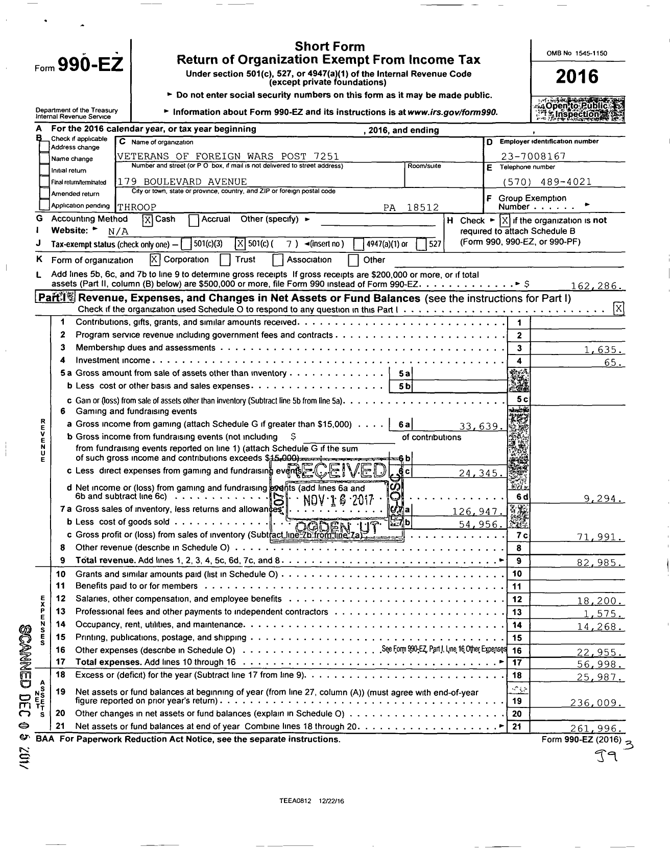 Image of first page of 2016 Form 990EO for VFW Department of Pennsylvania - 7251 Vfw-Penn Boulevard