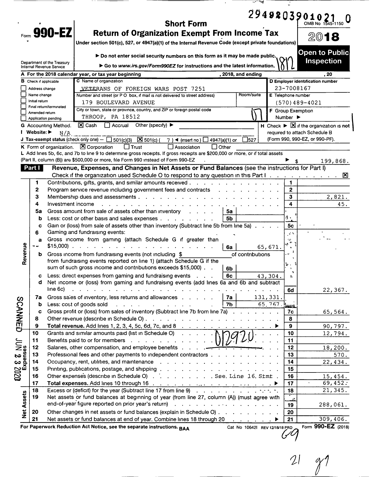 Image of first page of 2018 Form 990EO for VFW Department of Pennsylvania - 7251 Vfw-Penn Boulevard