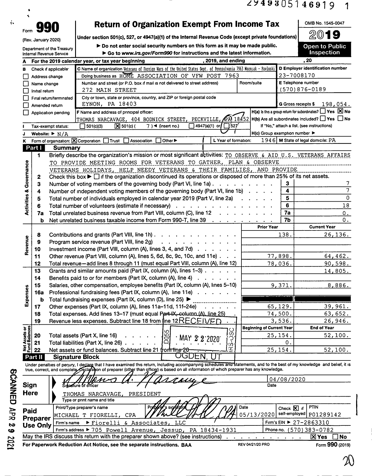 Image of first page of 2019 Form 990O for Veterans of Foreign Wars of the 7963 Wozniak Pavloski