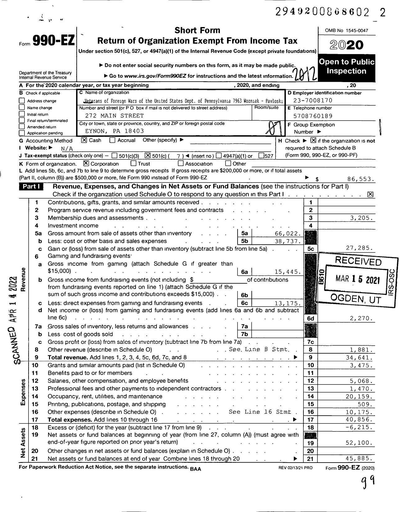 Image of first page of 2020 Form 990EO for Veterans of Foreign Wars of the 7963 Wozniak Pavloski