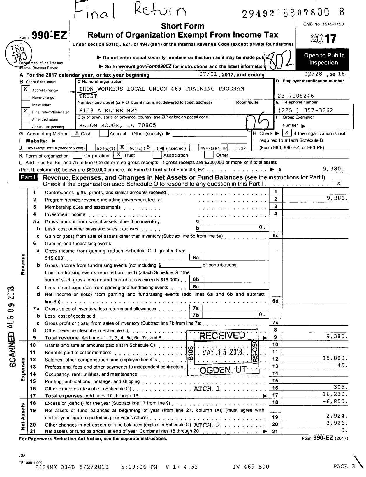 Image of first page of 2017 Form 990EO for Iron Workers Local Union 469 Training Program Trust