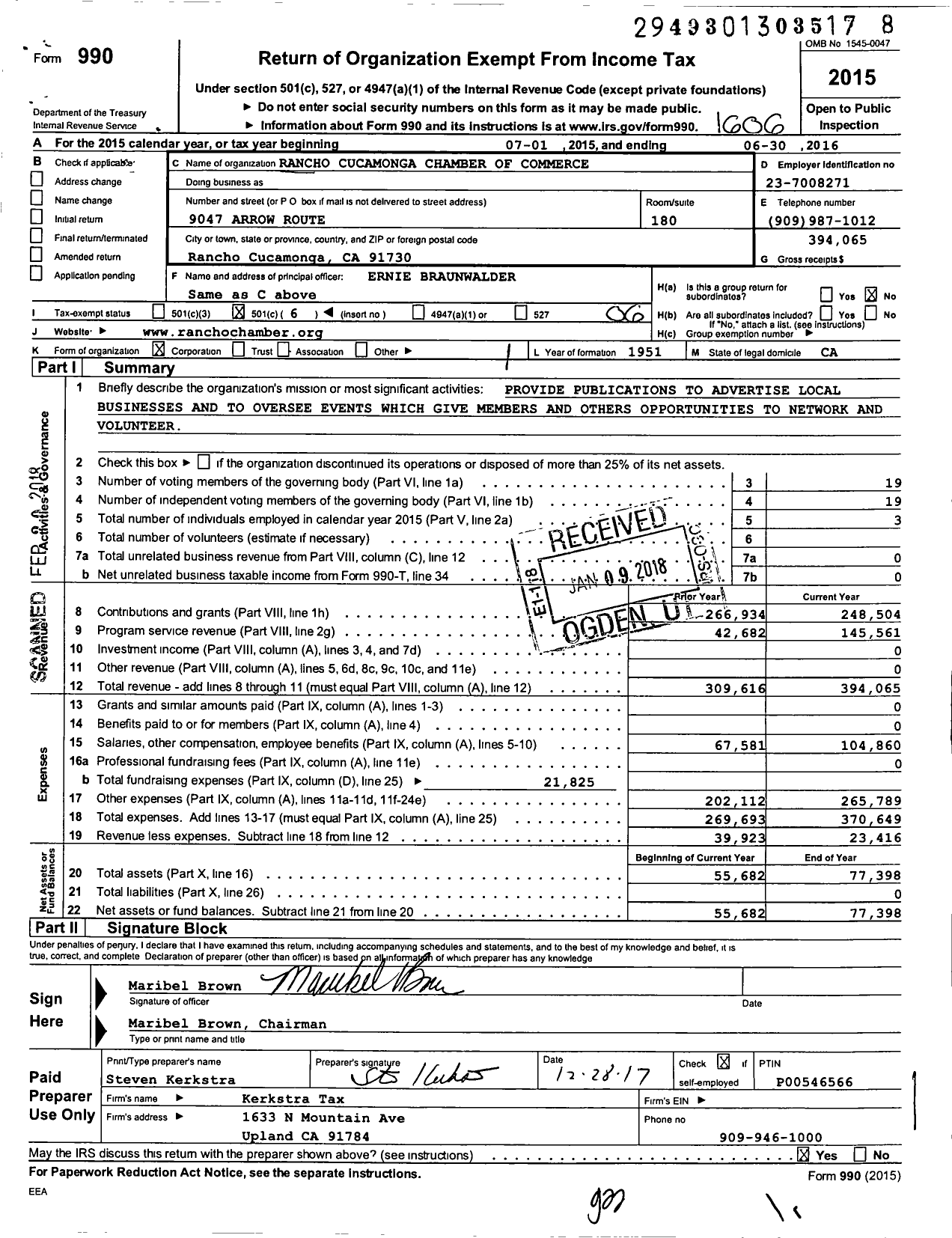Image of first page of 2015 Form 990O for Rancho Cucamonga Chamber of Commerce
