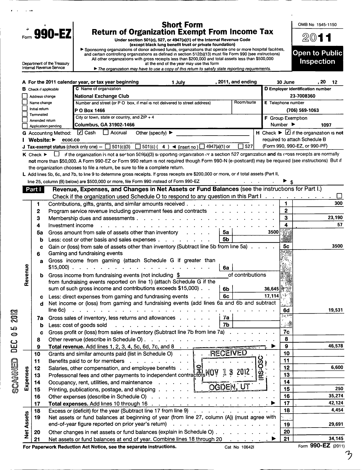 Image of first page of 2011 Form 990EO for National Exchange Club - 1347 Columbus Ga