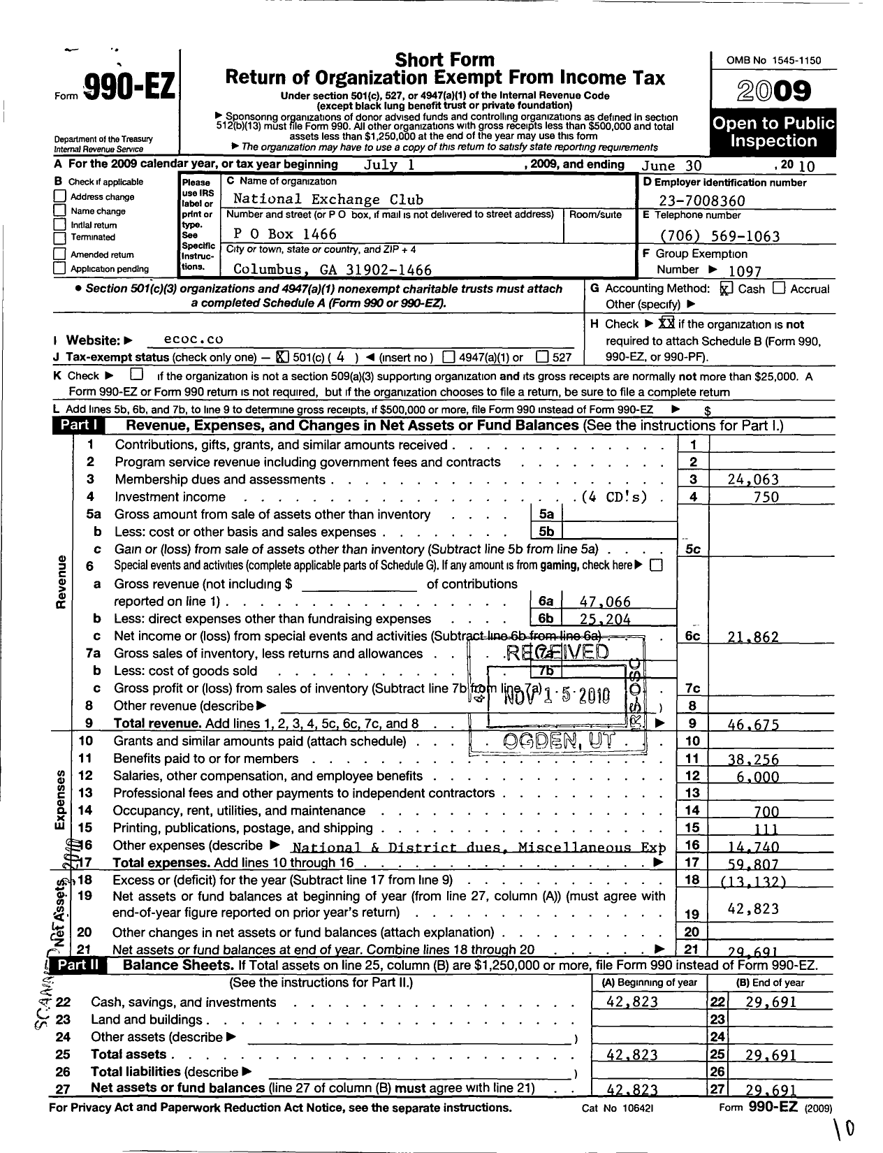 Image of first page of 2009 Form 990EO for National Exchange Club - 1347 Columbus Ga