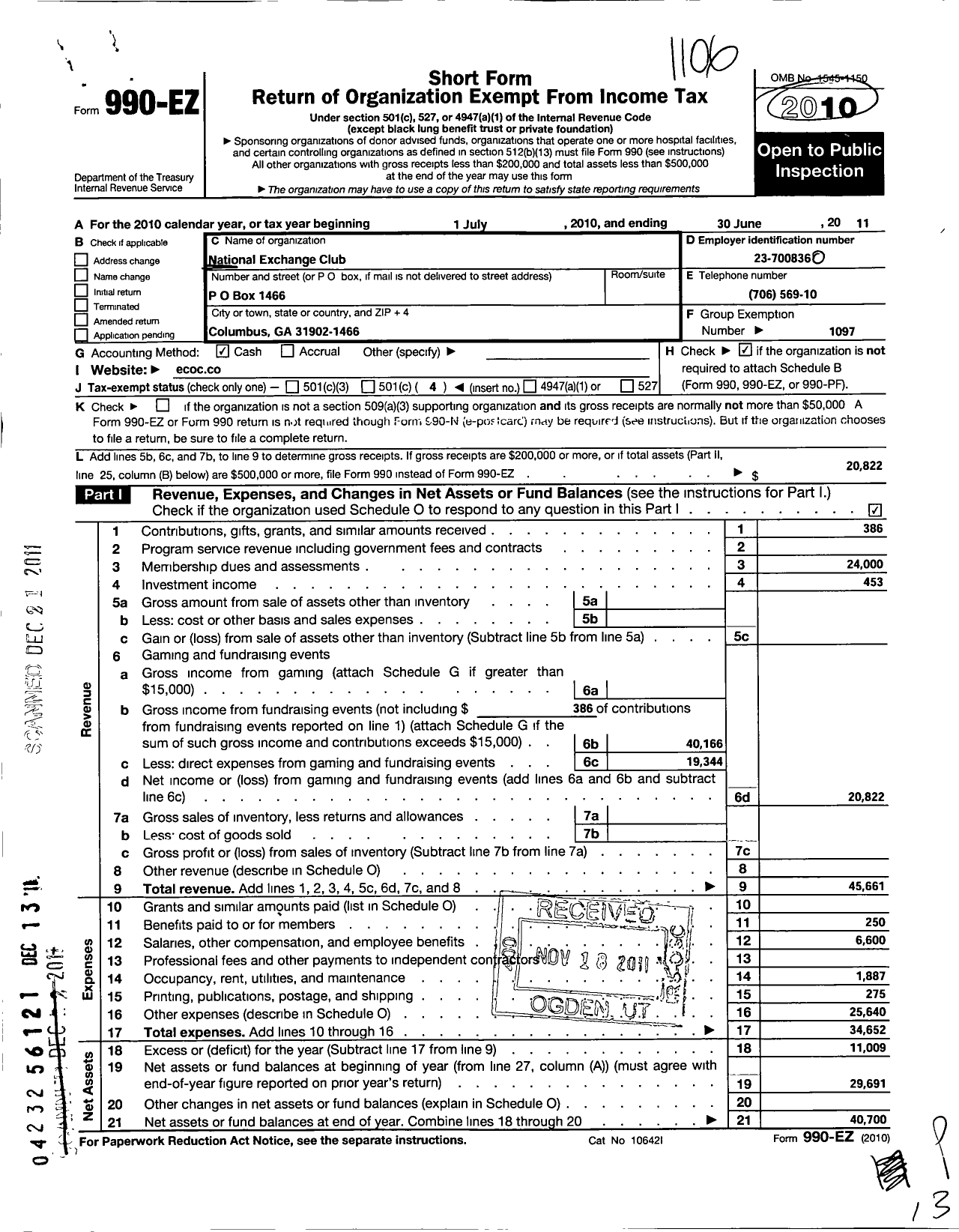Image of first page of 2010 Form 990EO for National Exchange Club - 1347 Columbus Ga