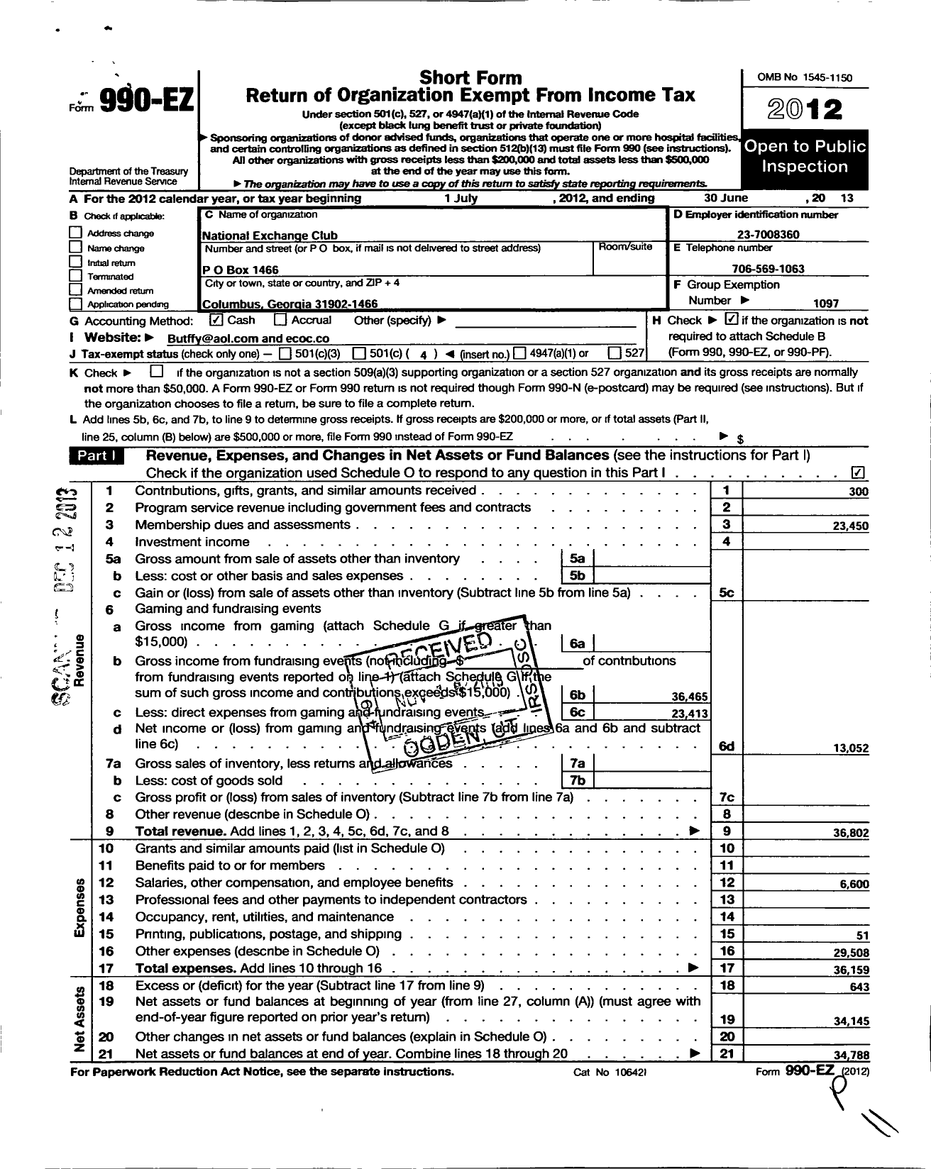 Image of first page of 2012 Form 990EO for National Exchange Club - 1347 Columbus Ga