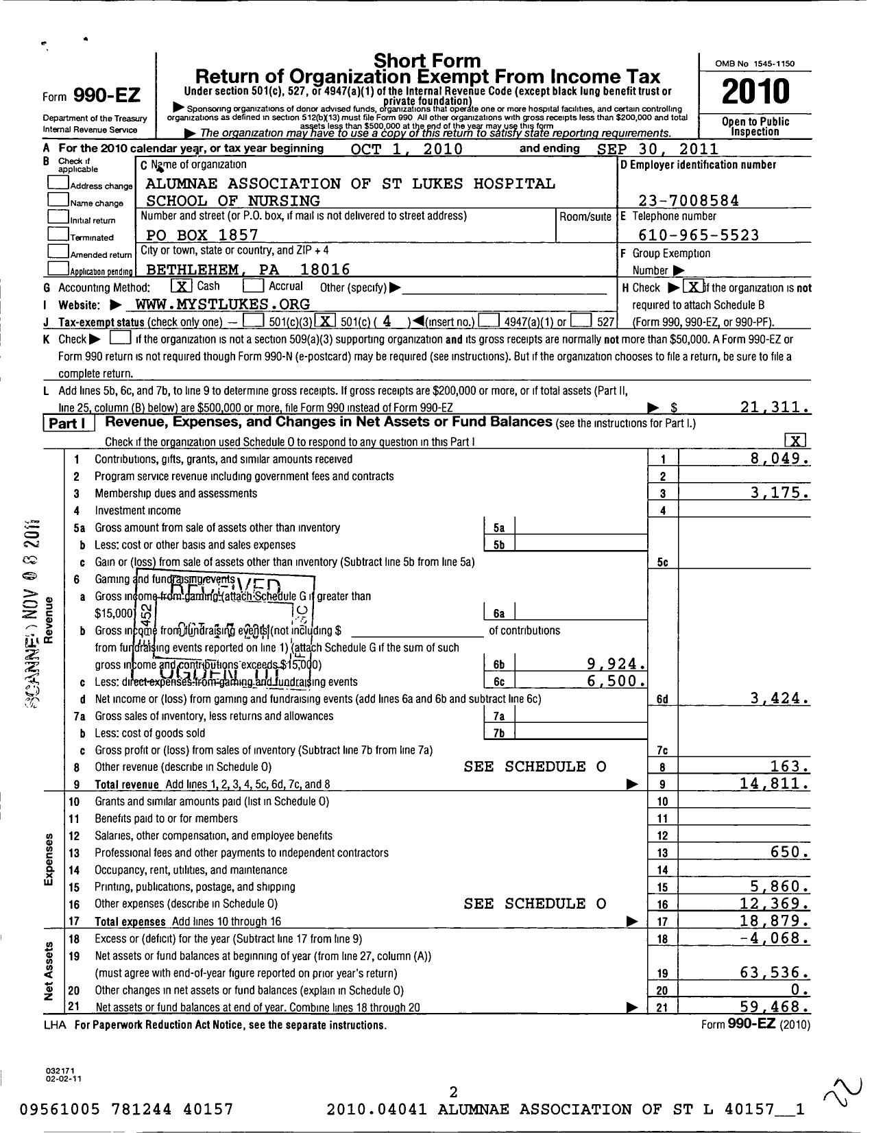 Image of first page of 2010 Form 990EO for Alumnae Association of St Lukes Hospital School of Nursing