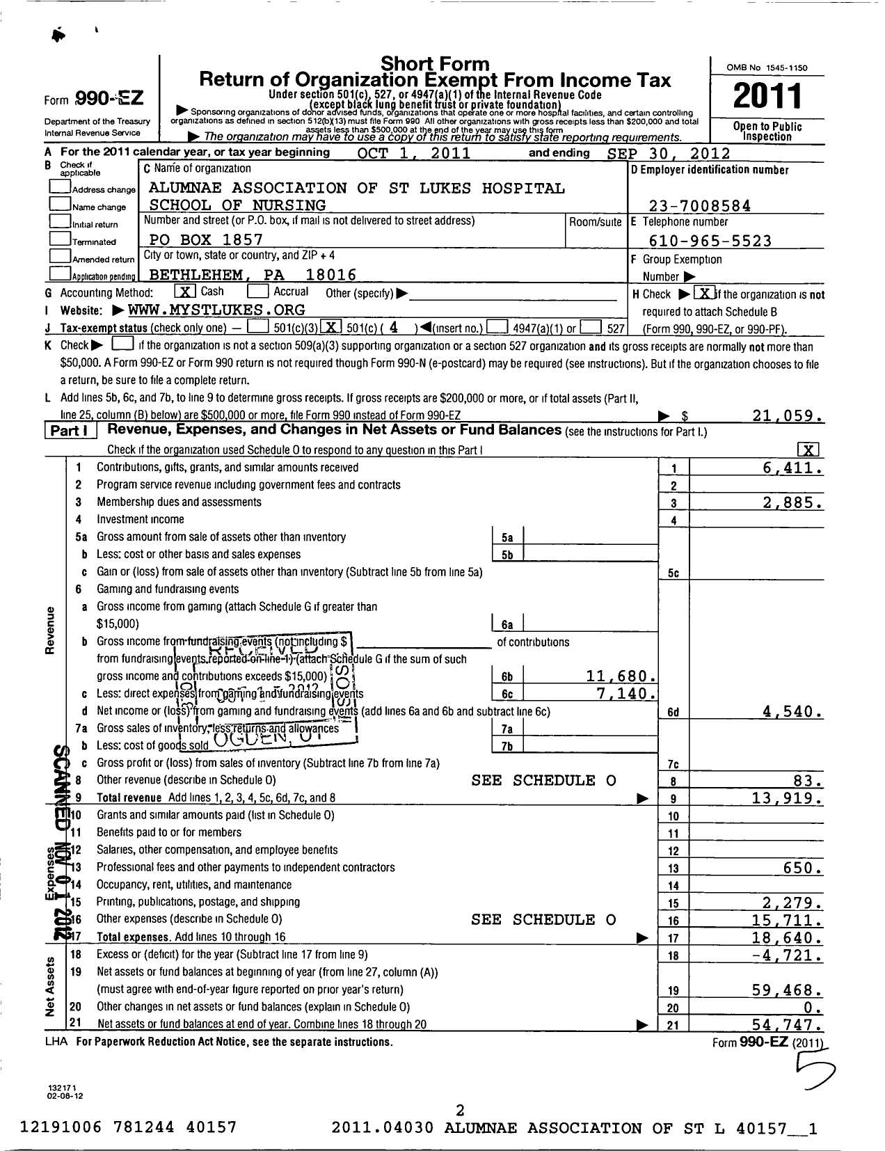 Image of first page of 2011 Form 990EO for Alumnae Association of St Lukes Hospital School of Nursing