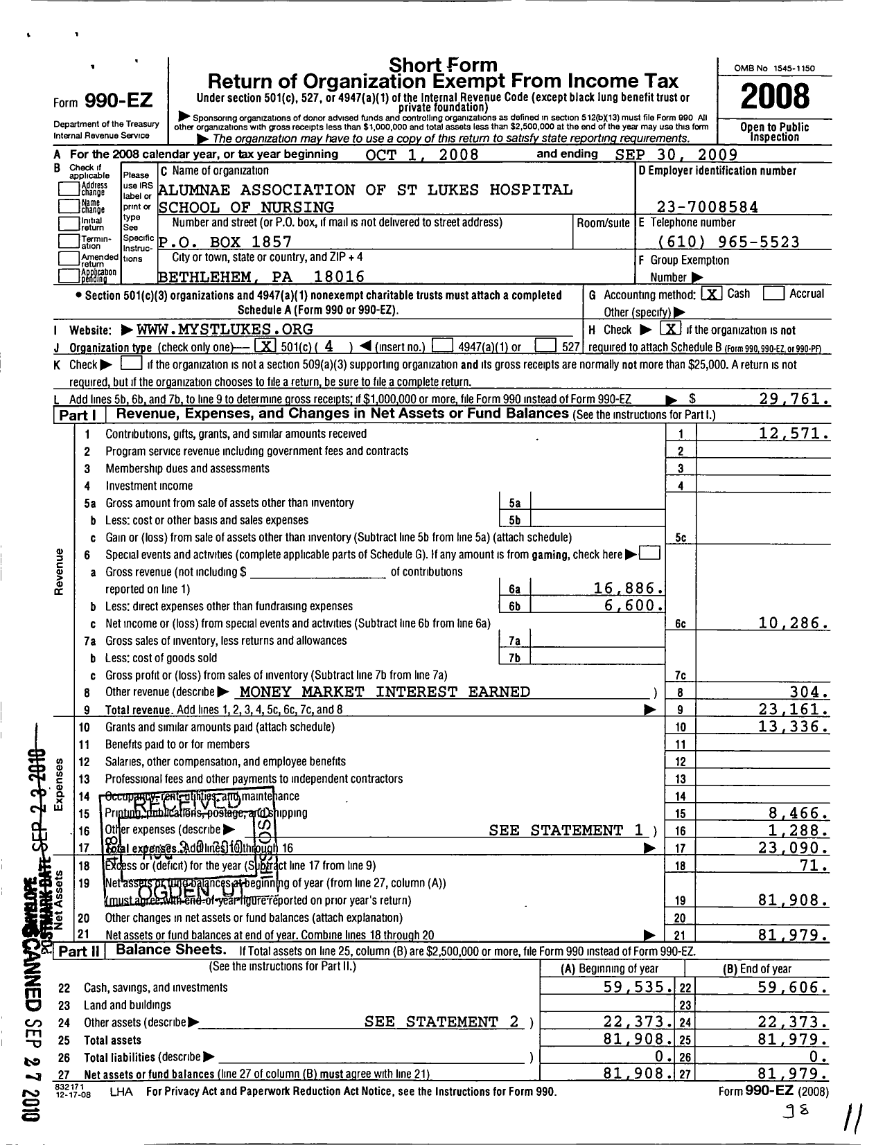 Image of first page of 2008 Form 990EO for Alumnae Association of St Lukes Hospital School of Nursing