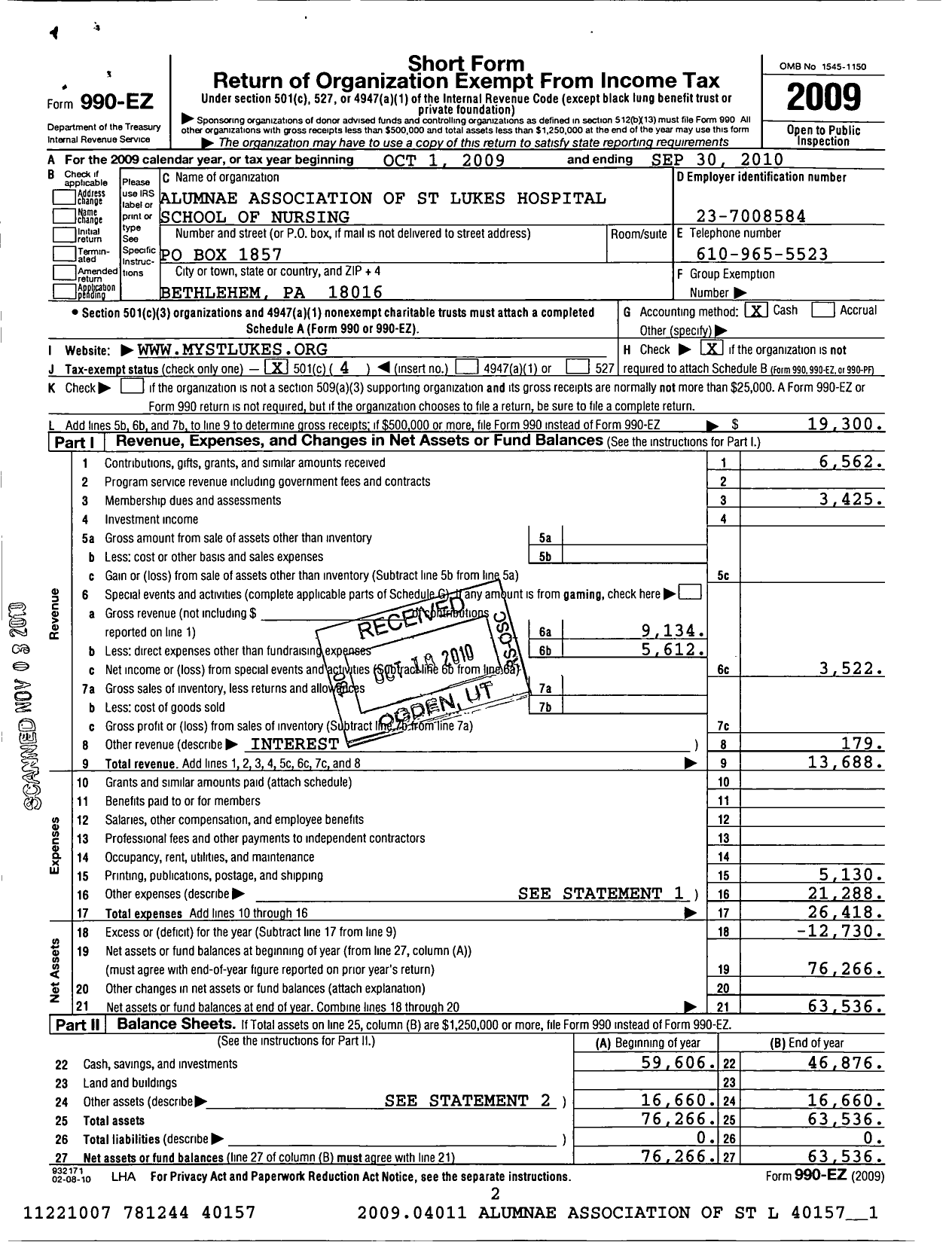 Image of first page of 2009 Form 990EO for Alumnae Association of St Lukes Hospital School of Nursing