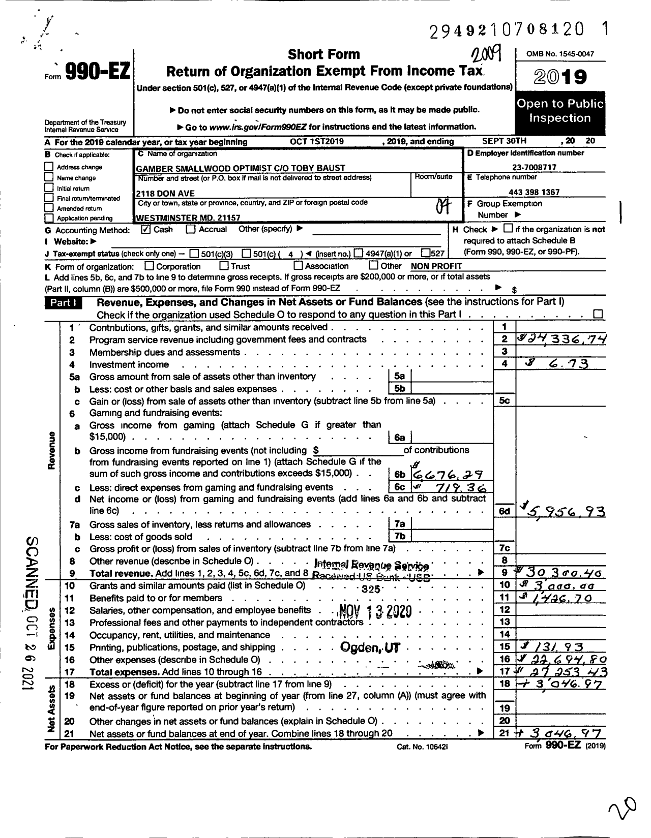 Image of first page of 2019 Form 990EO for Optimist International - 33097 Oc of Westminister Gamber