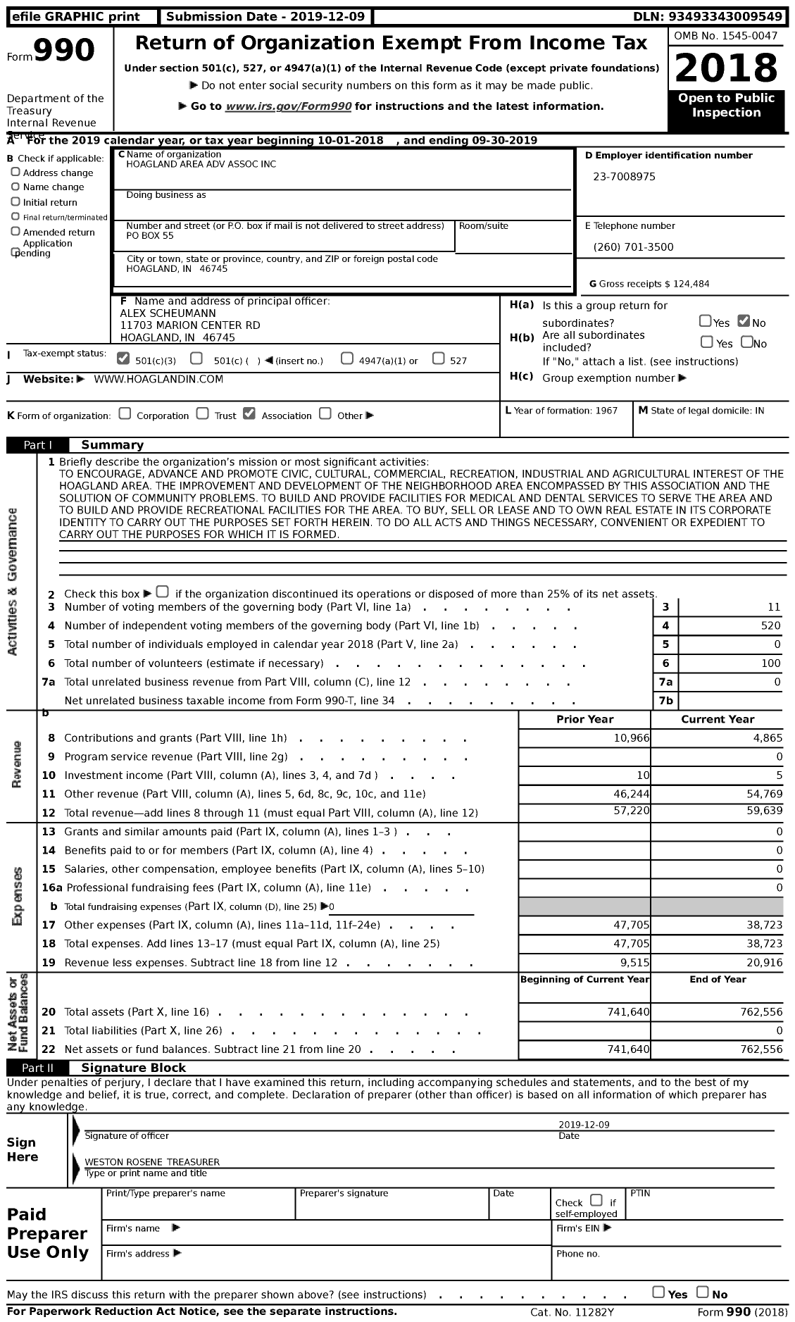 Image of first page of 2018 Form 990 for Hoagland Area Adv Association