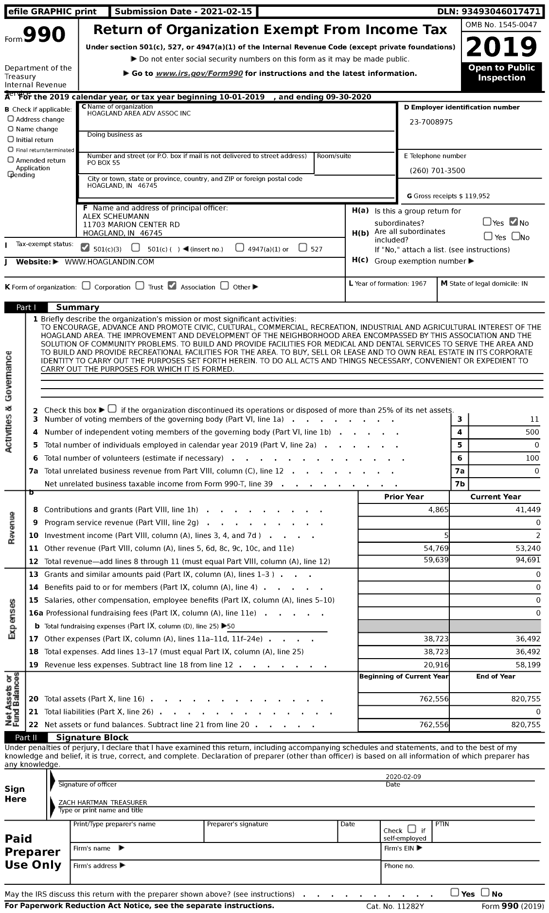 Image of first page of 2019 Form 990 for Hoagland Area Adv Association