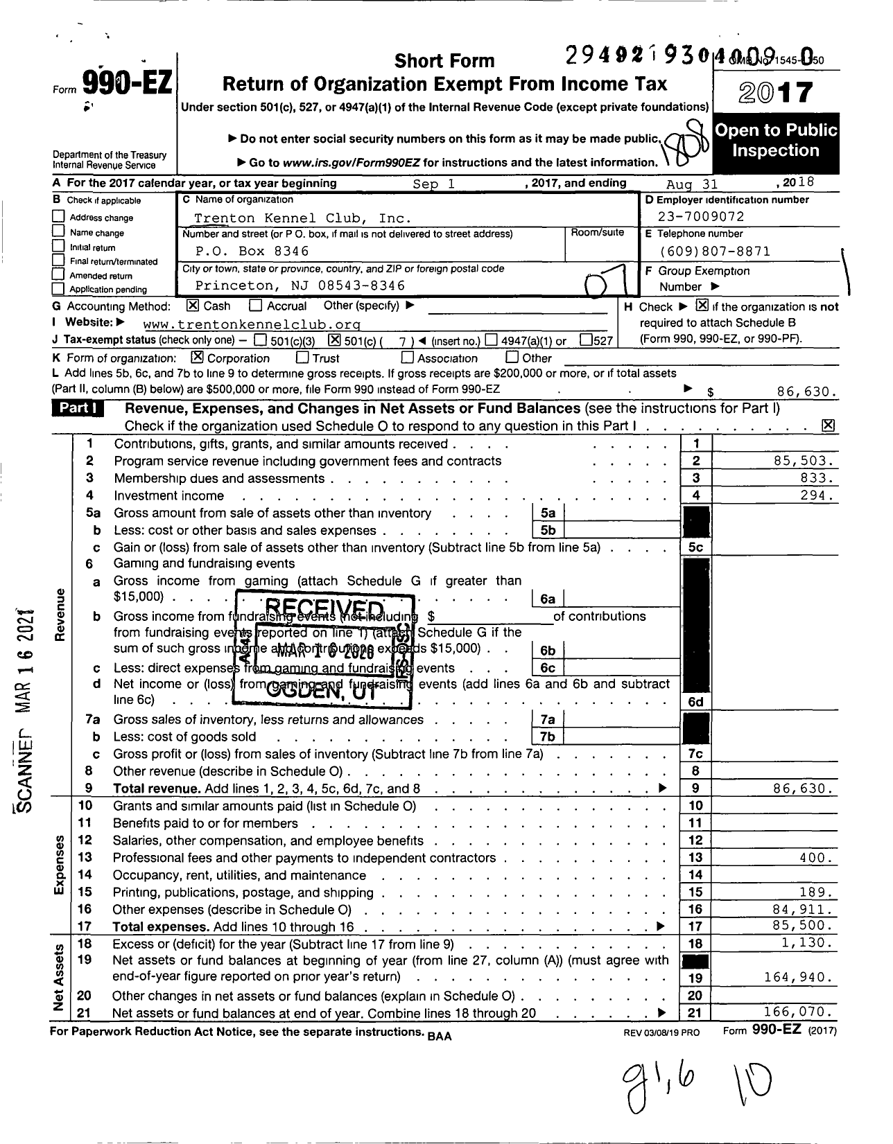 Image of first page of 2017 Form 990EO for Trenton Kennel Club