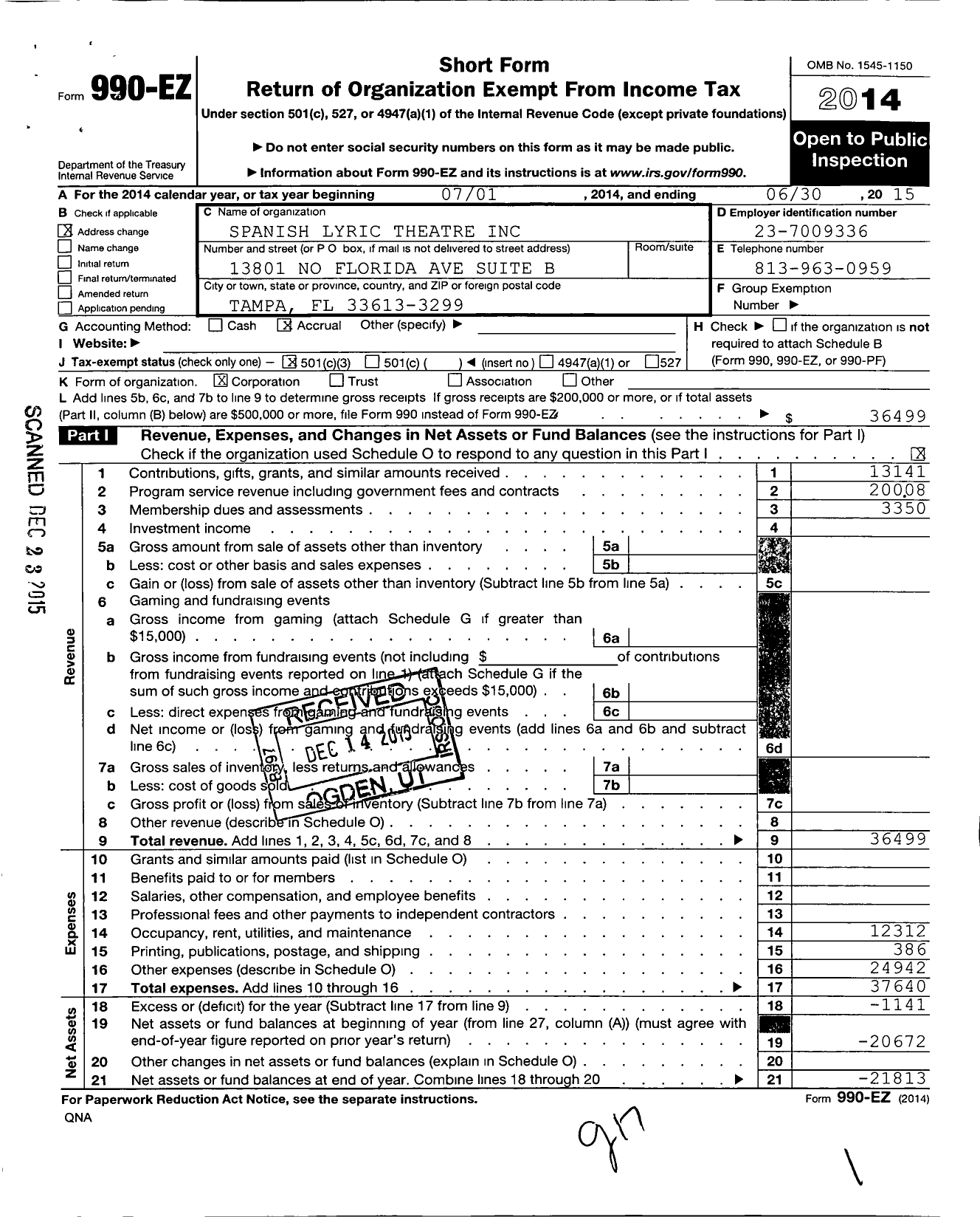 Image of first page of 2014 Form 990EZ for Spanish Lyric Theatre