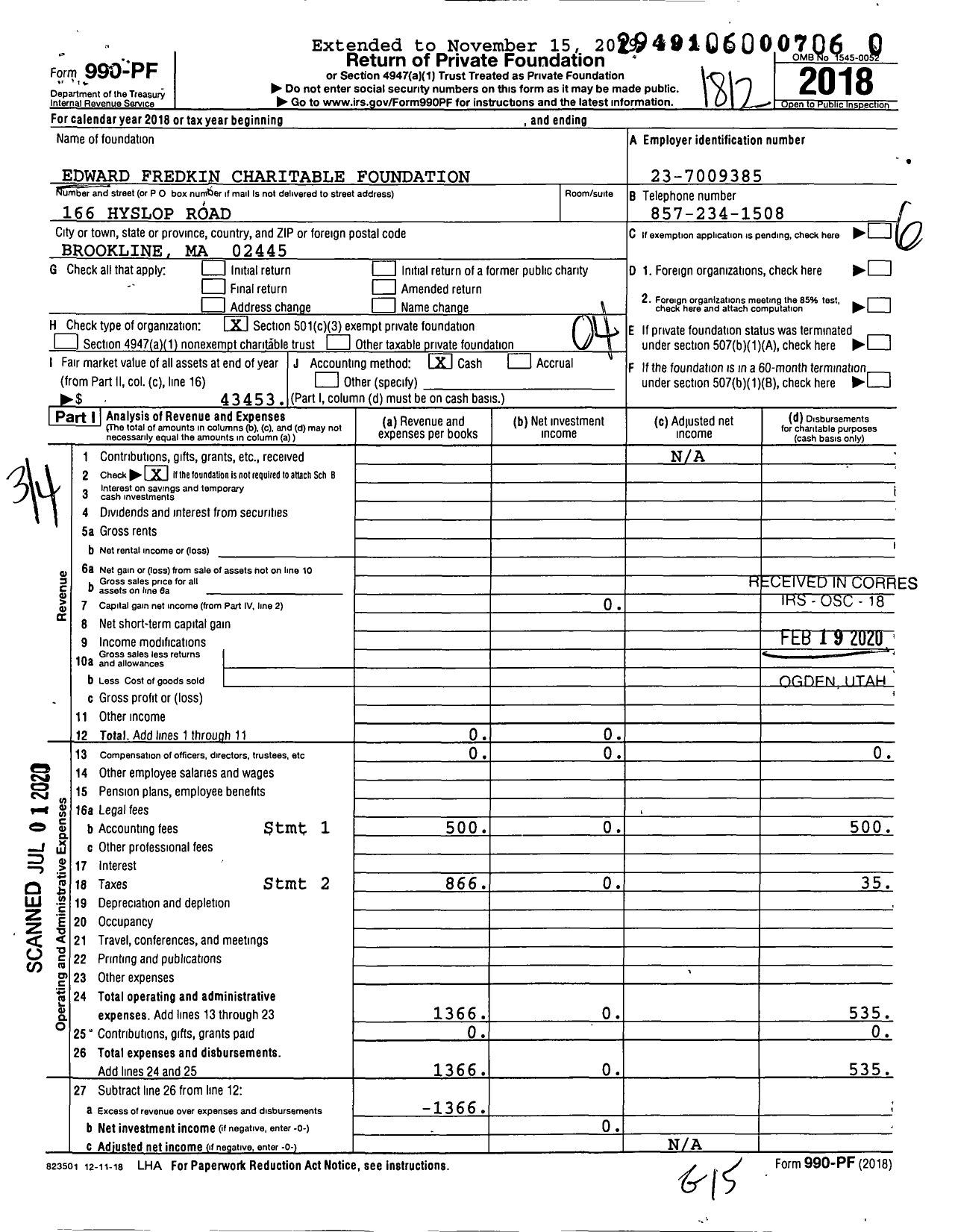 Image of first page of 2018 Form 990PR for Edward Fredkin Charitable Foundation