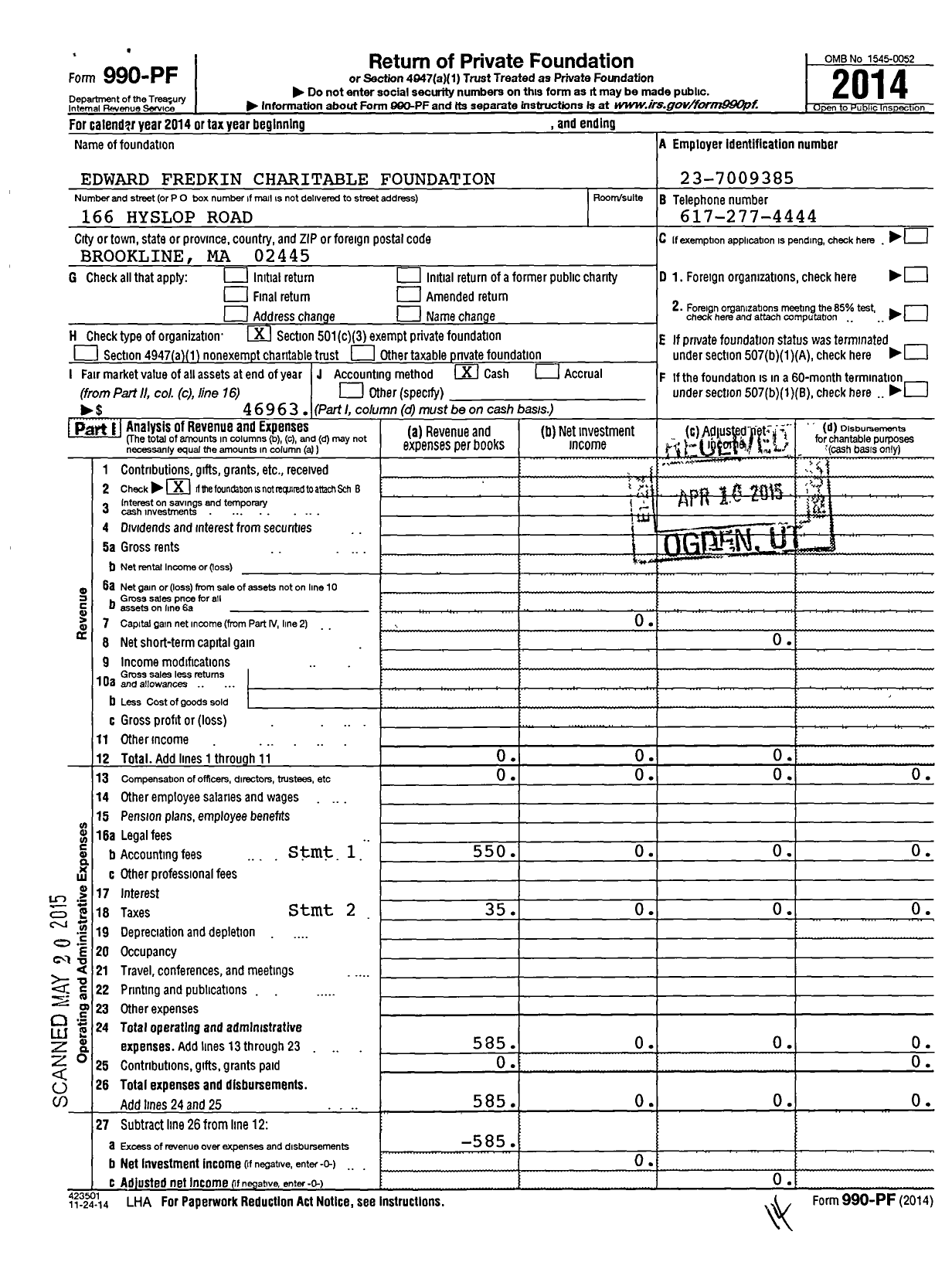 Image of first page of 2014 Form 990PF for Edward Fredkin Charitable Foundation