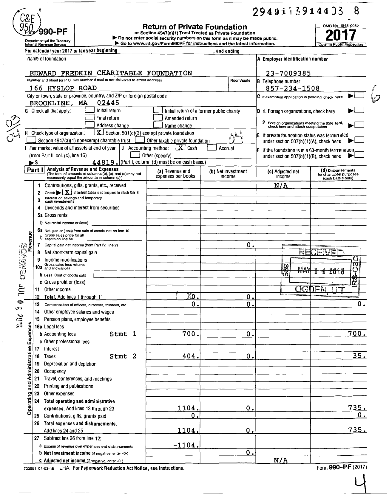 Image of first page of 2017 Form 990PF for Edward Fredkin Charitable Foundation