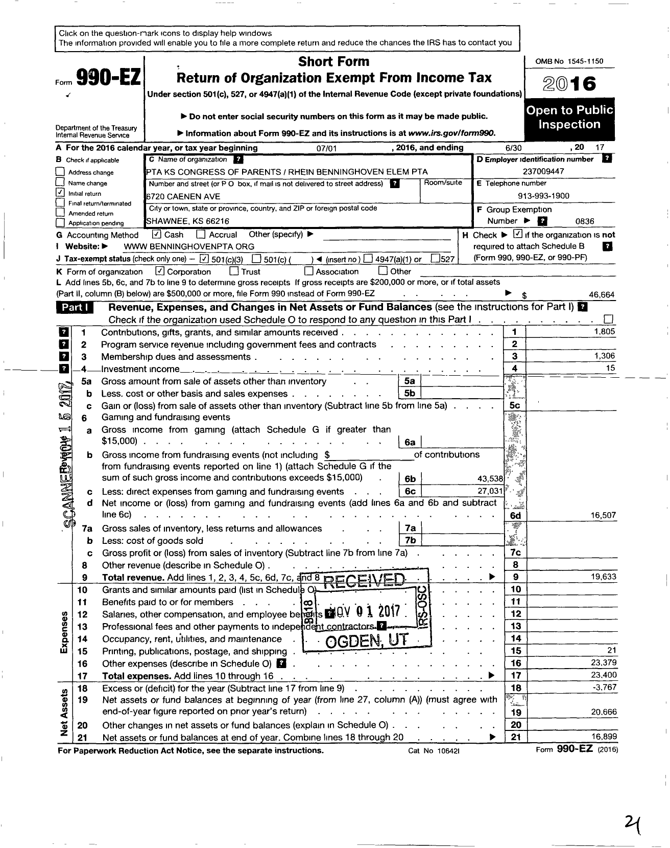 Image of first page of 2016 Form 990EZ for Benninghoven Elementary PTA