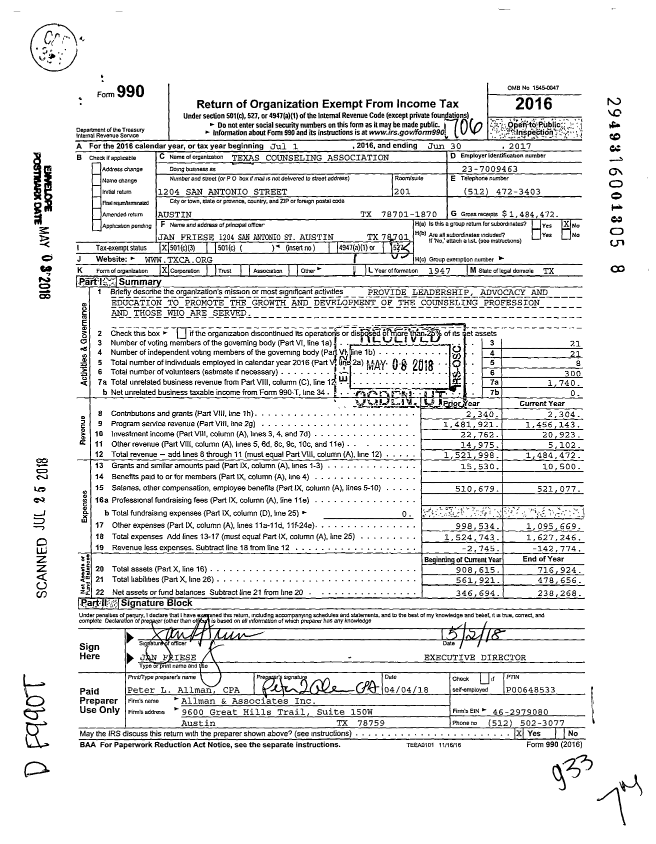 Image of first page of 2016 Form 990 for Texas Counseling Association