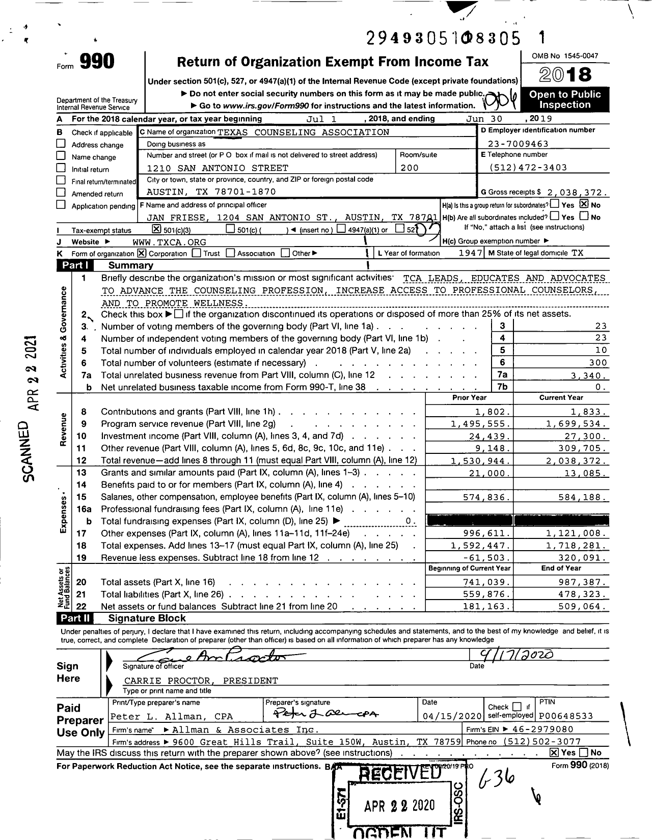 Image of first page of 2018 Form 990 for Texas Counseling Association