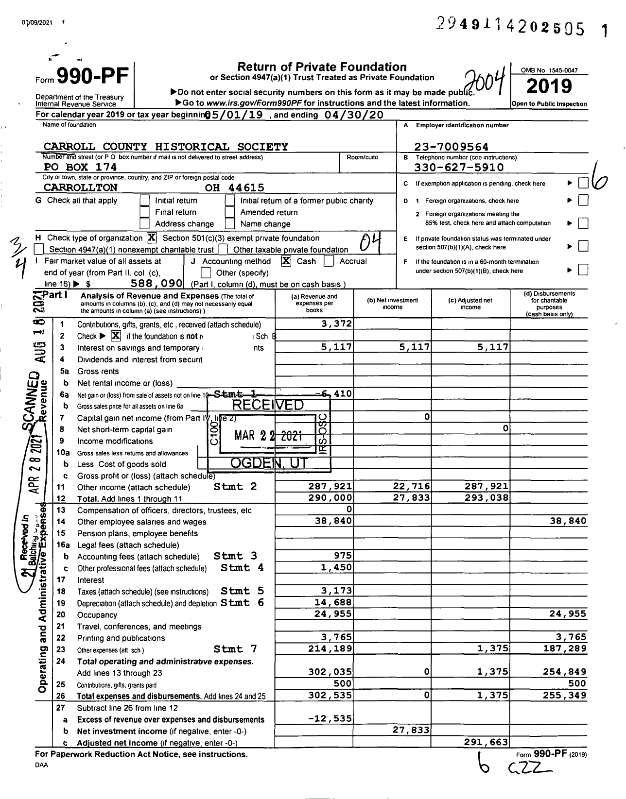 Image of first page of 2019 Form 990PF for Carroll County Historical Society