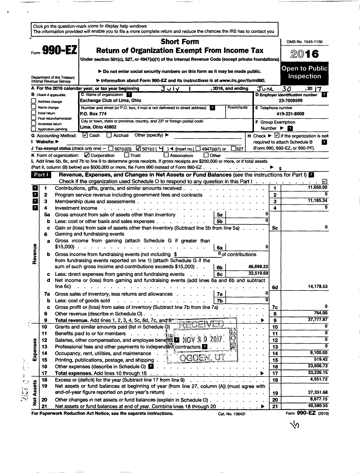 Image of first page of 2016 Form 990EO for National Exchange Club - 1933 Lima Oh