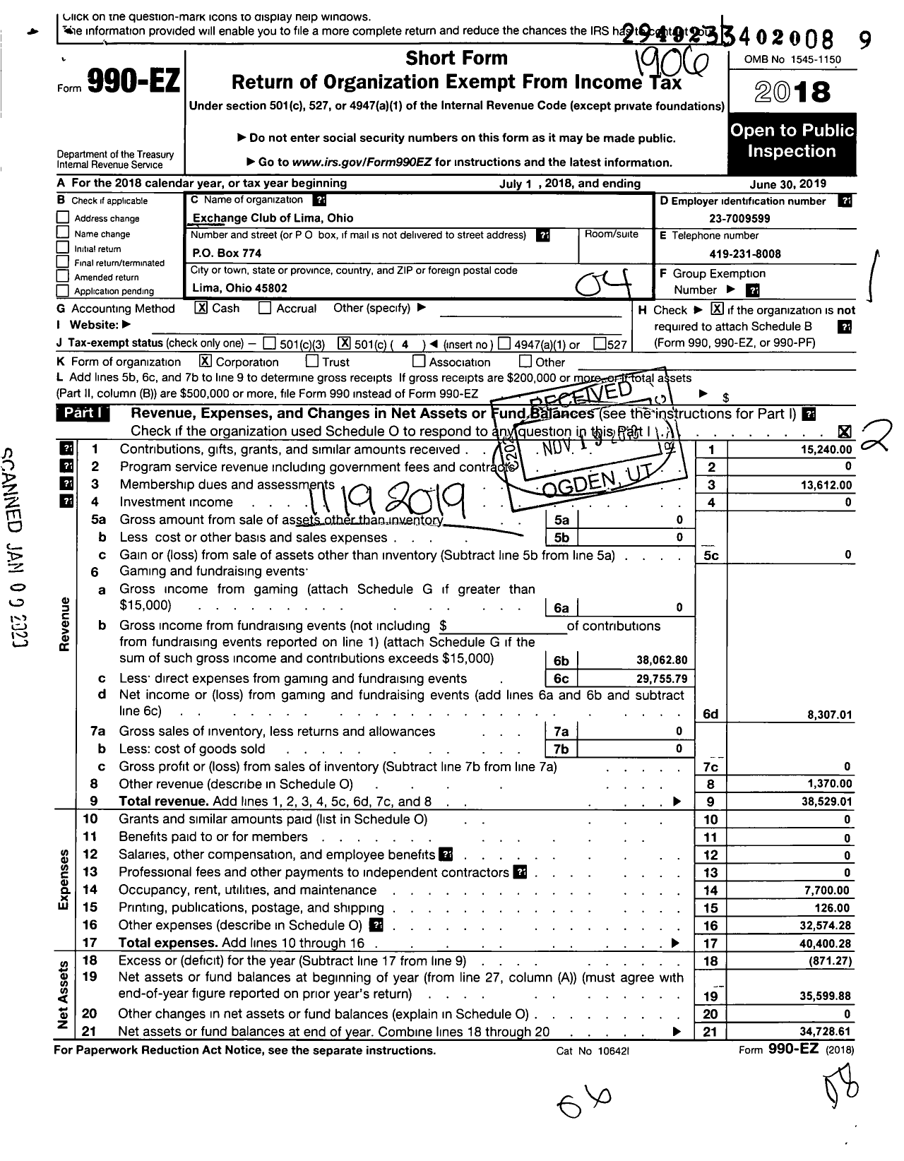 Image of first page of 2018 Form 990EO for National Exchange Club - 1933 Lima Oh