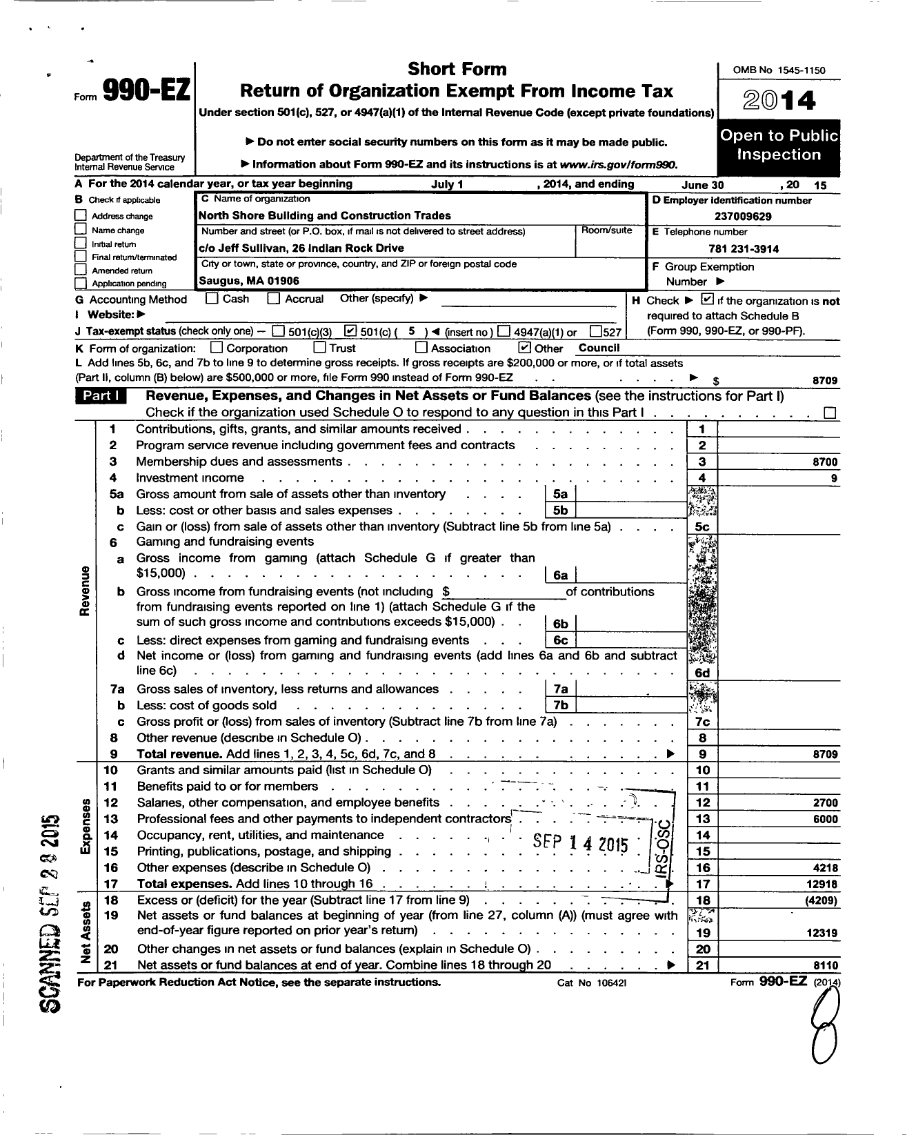 Image of first page of 2014 Form 990EO for AFL-CIO - North Shore Building and Constructi