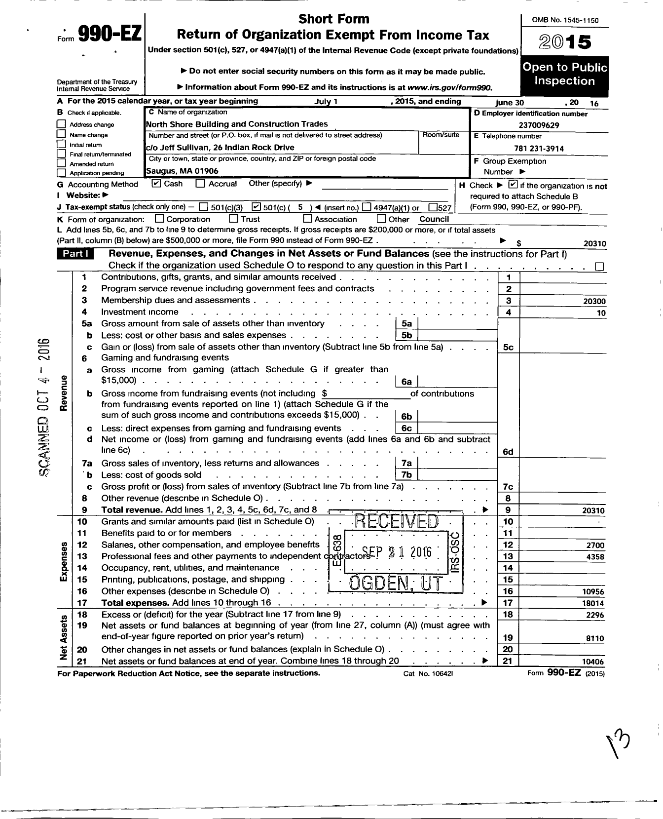 Image of first page of 2015 Form 990EO for AFL-CIO - North Shore Building and Constructi