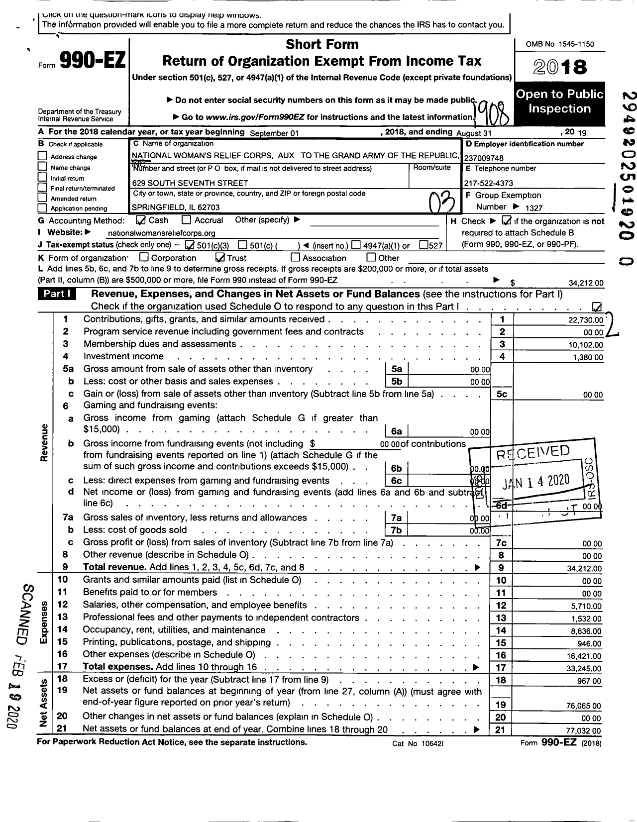 Image of first page of 2018 Form 990EZ for National Womans Relief Corps Auxiliary To the Grand Army of the