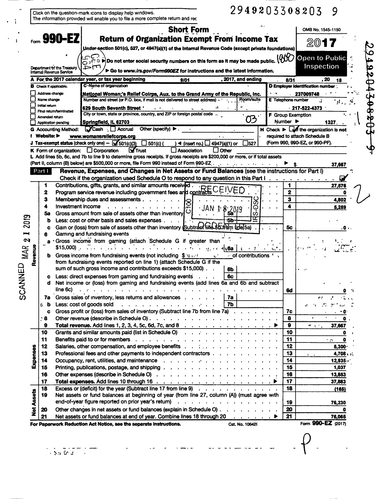 Image of first page of 2017 Form 990EZ for National Womans Relief Corps Auxiliary To the Grand Army of the