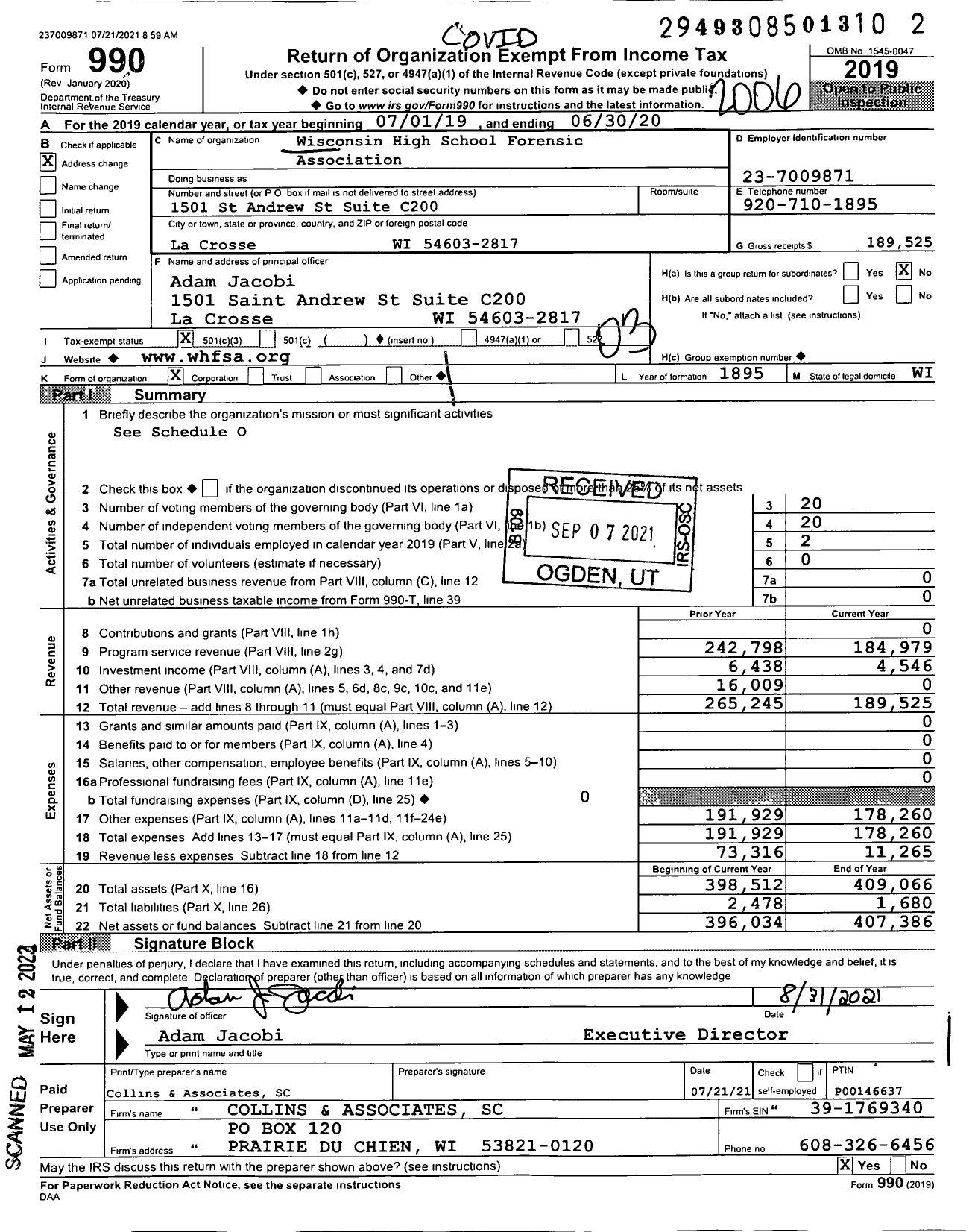 Image of first page of 2019 Form 990 for Wisconsin Interscholastic Speech