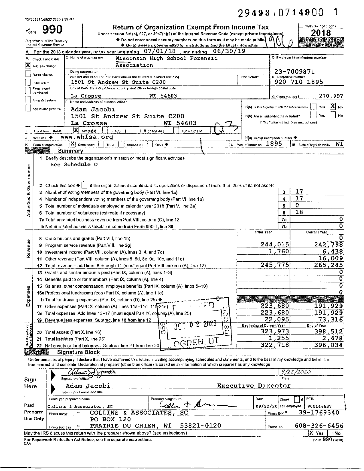 Image of first page of 2018 Form 990 for Wisconsin Interscholastic Speech