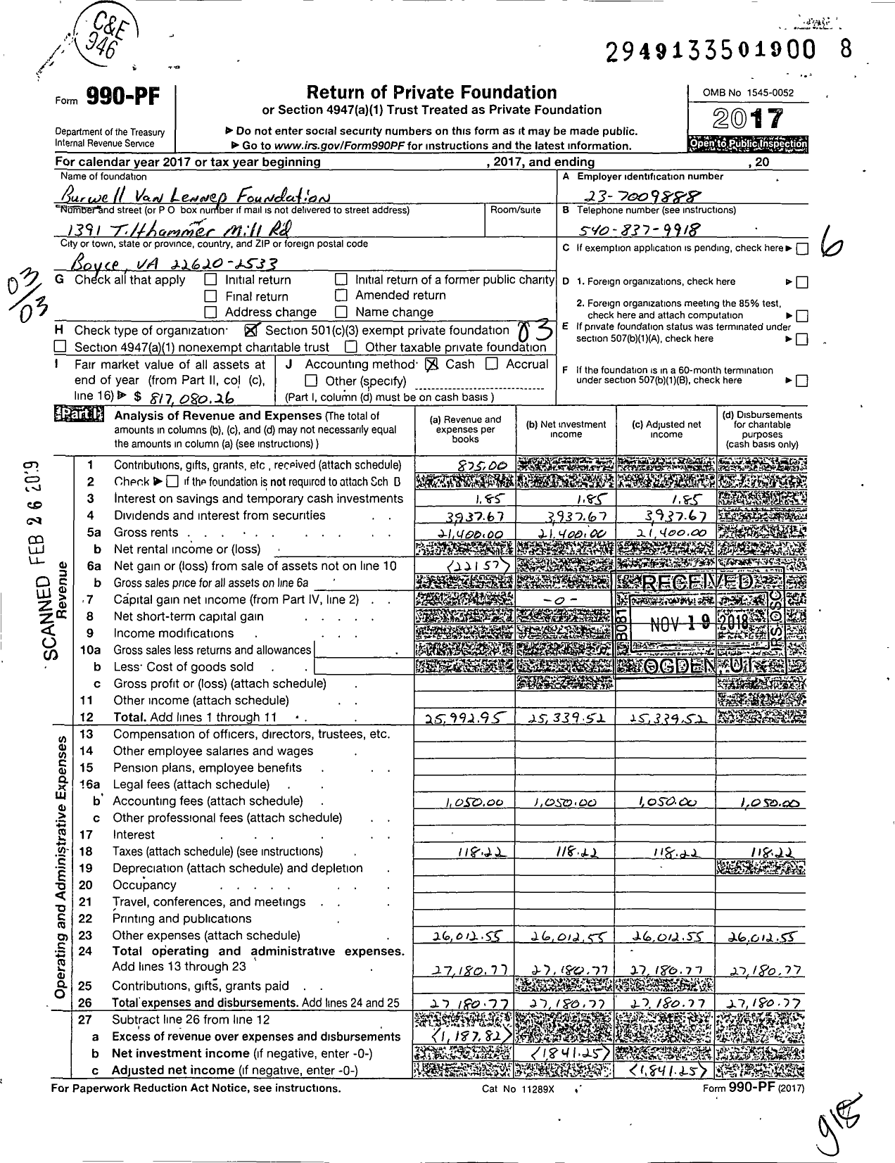 Image of first page of 2017 Form 990PF for Burwell Van Lennep Foundation