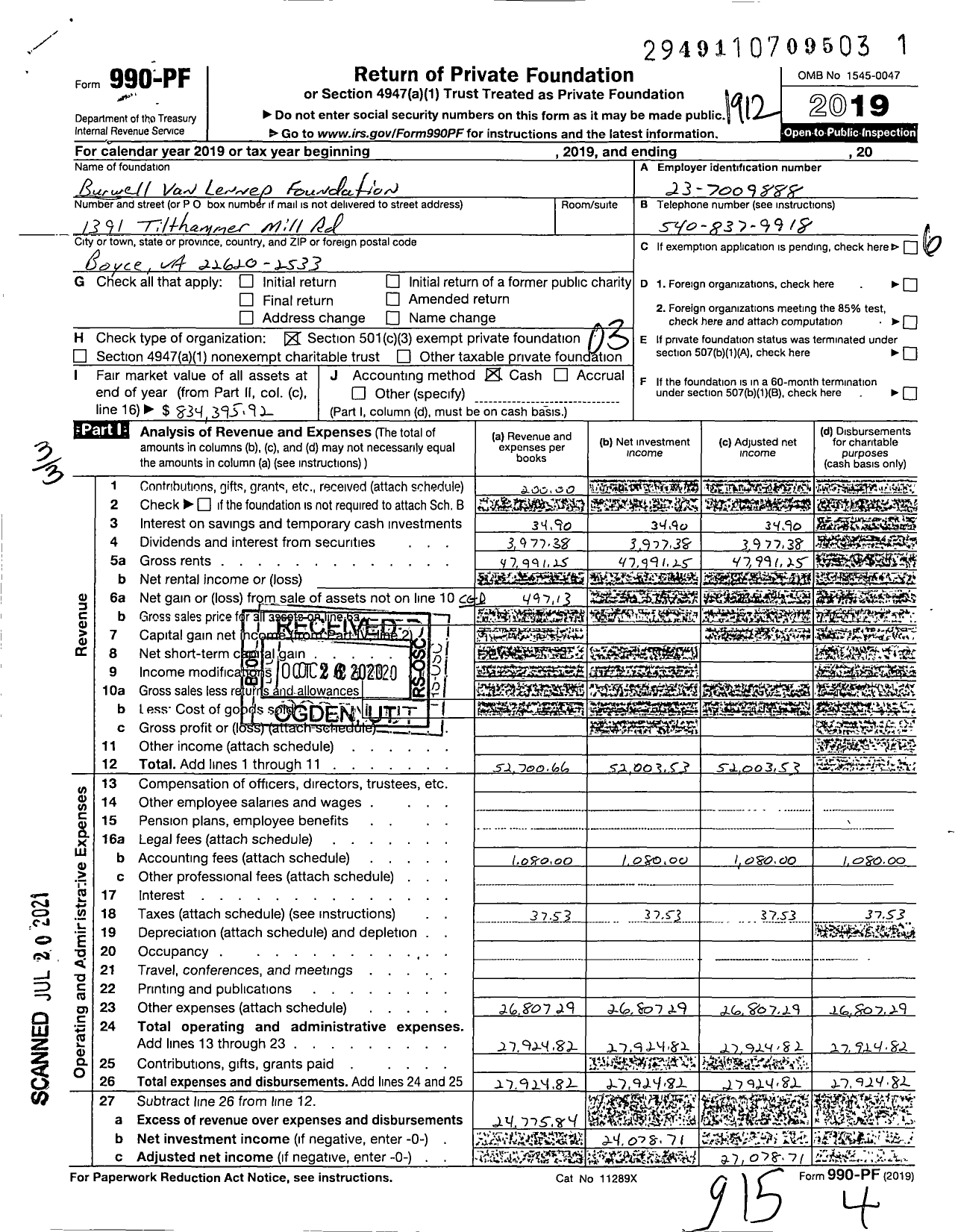 Image of first page of 2019 Form 990PF for Burwell Van Lennep Foundation