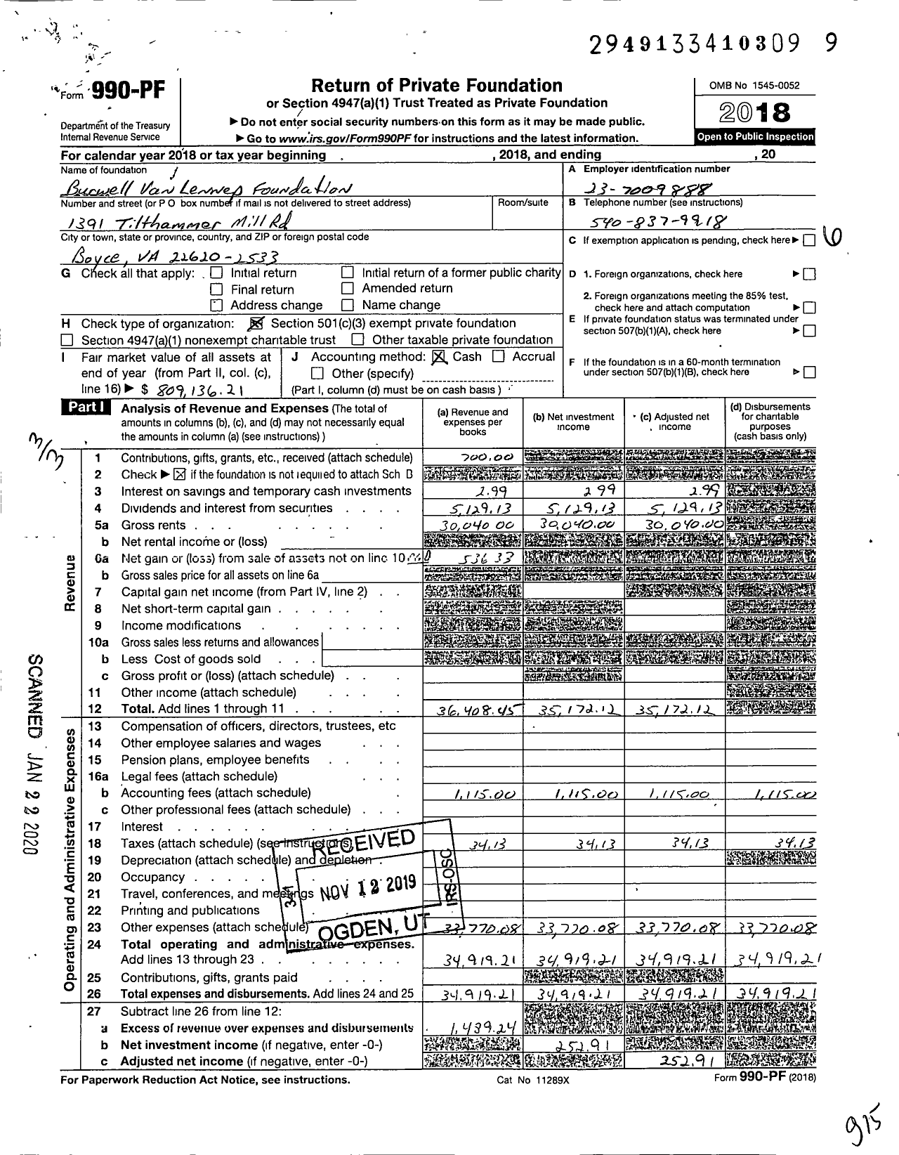 Image of first page of 2018 Form 990PF for Burwell Van Lennep Foundation