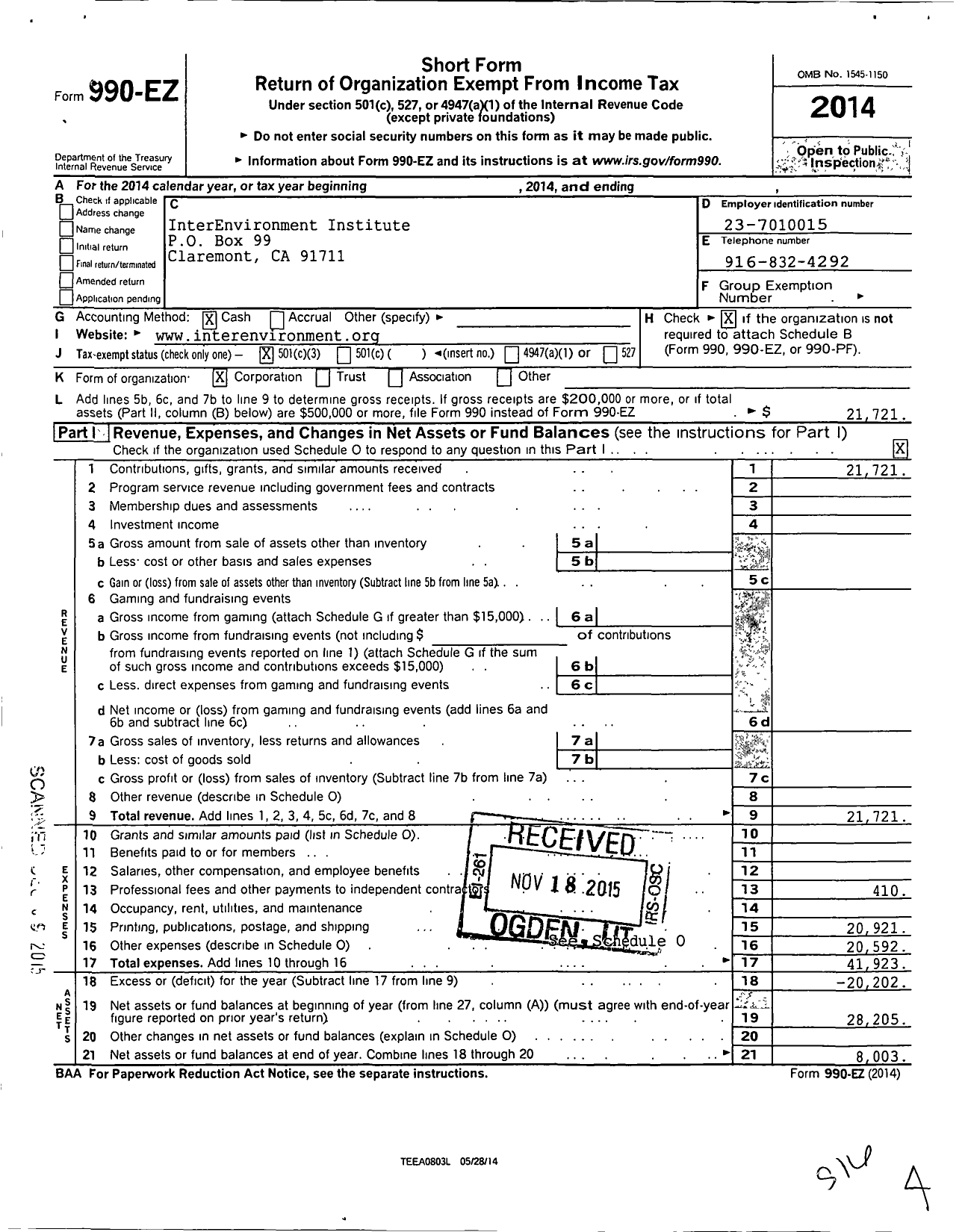 Image of first page of 2014 Form 990EZ for InterEnvironment Institute