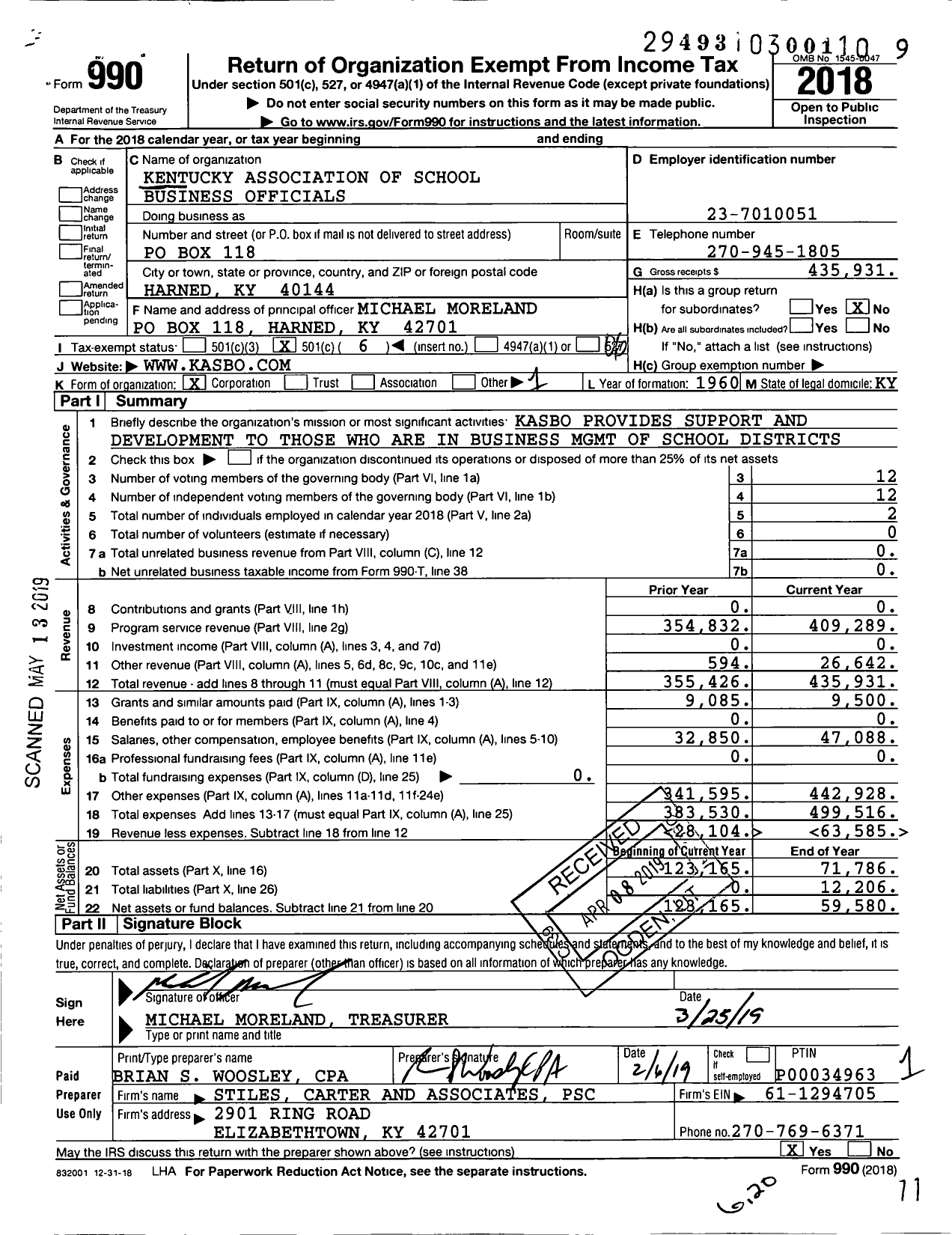 Image of first page of 2018 Form 990O for Kentucky Association of School Business Officials