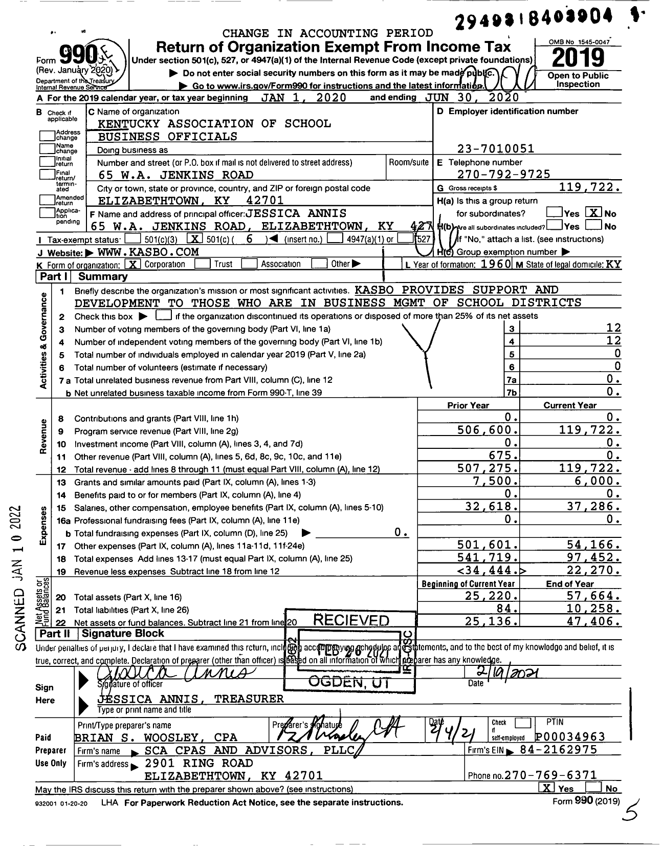 Image of first page of 2019 Form 990O for Kentucky Association of School Business Officials