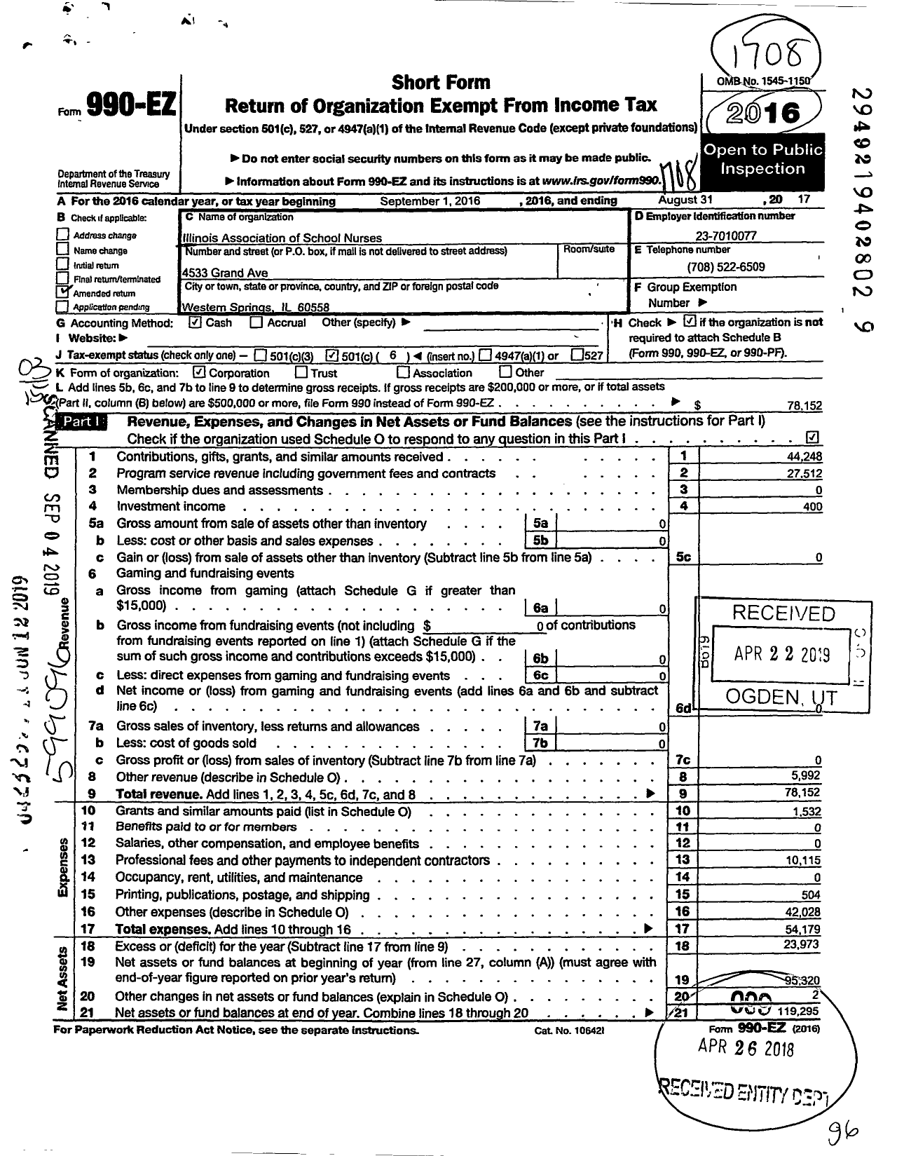 Image of first page of 2016 Form 990EZ for Illinois Association of School Nurses