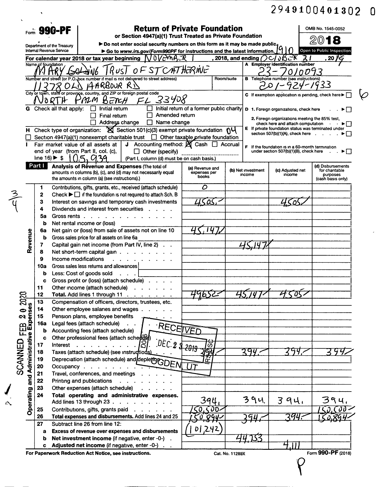 Image of first page of 2018 Form 990PF for Mary Golding Trust of St Catherine