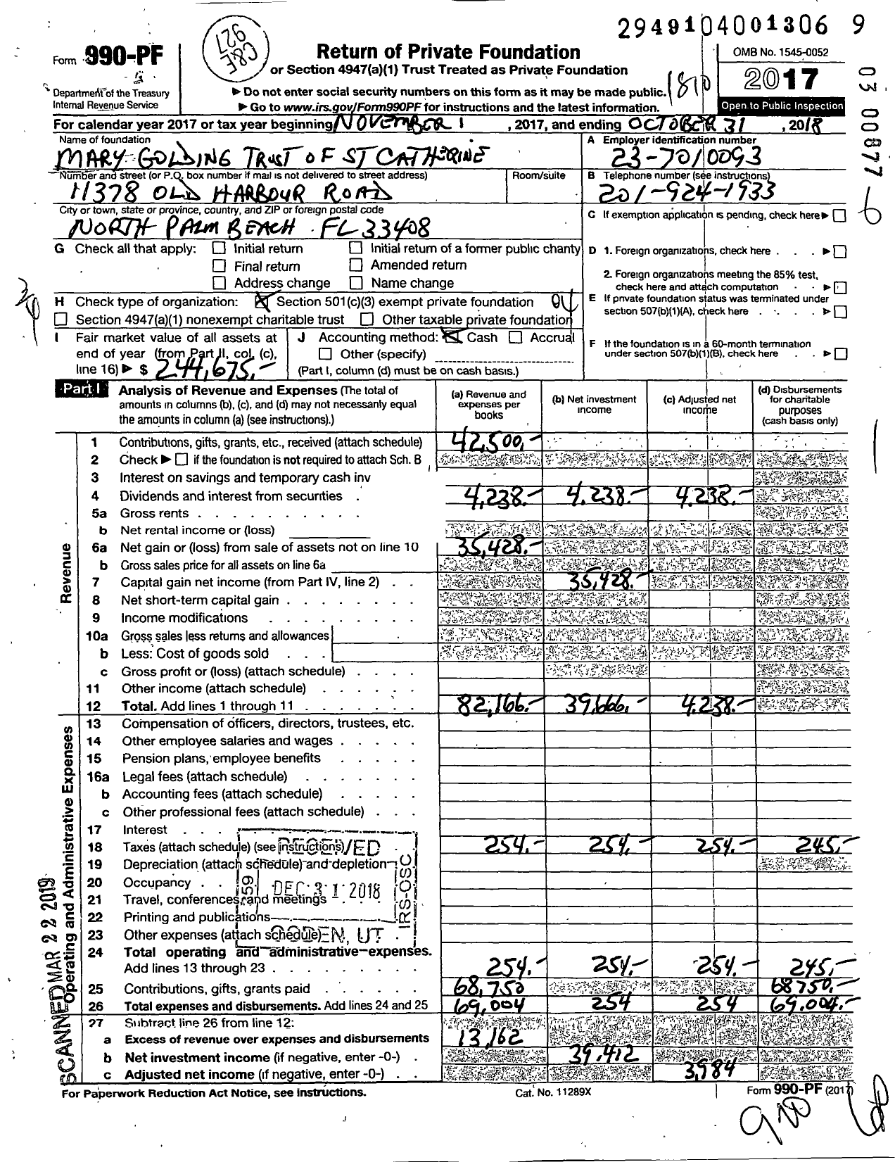 Image of first page of 2017 Form 990PF for Mary Golding Trust of St Catherine