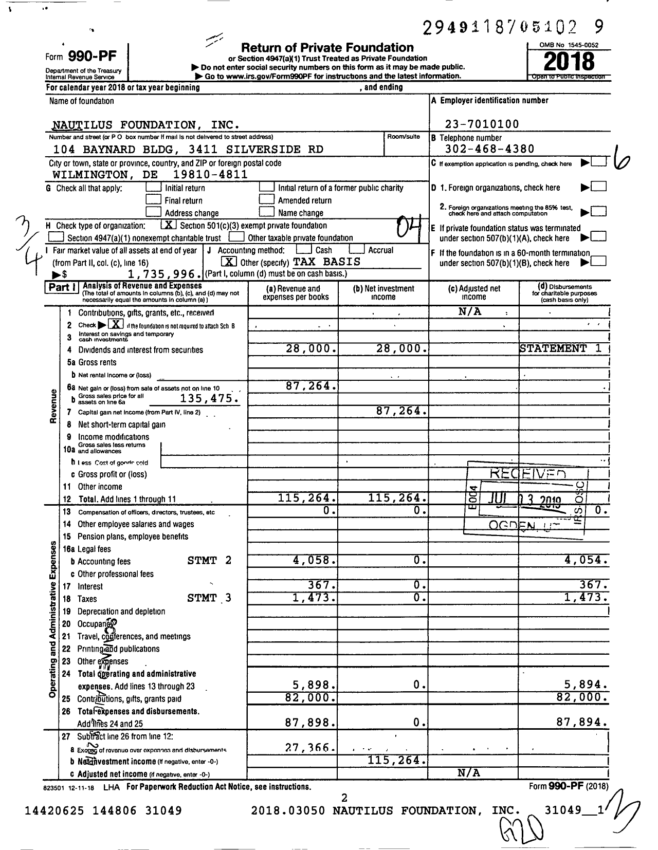 Image of first page of 2018 Form 990PF for Nautilus Foundation